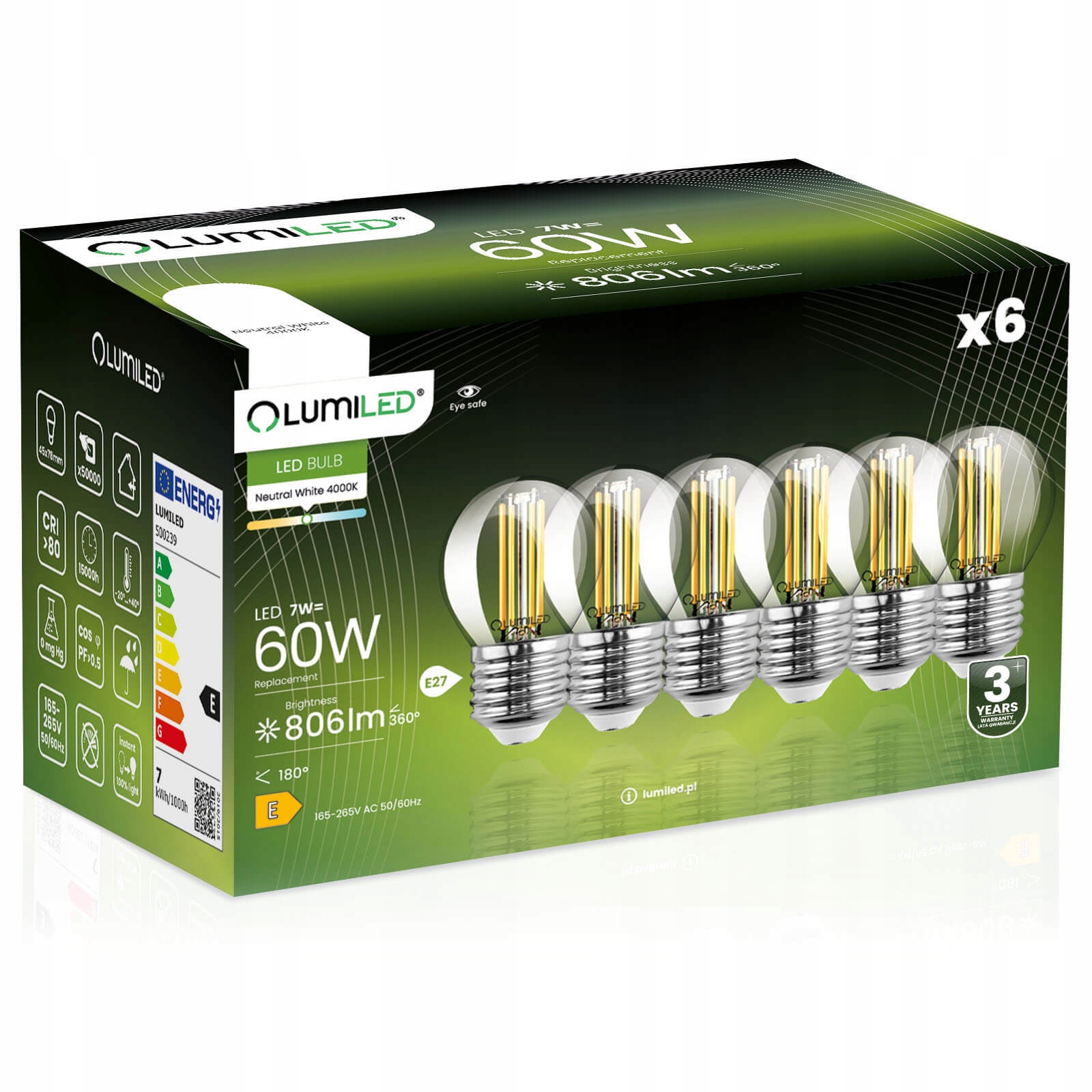 6x Żarówka Led E27 Kulka 7W 60W 4000K Neutralna Filament Ozdobna Lumiled