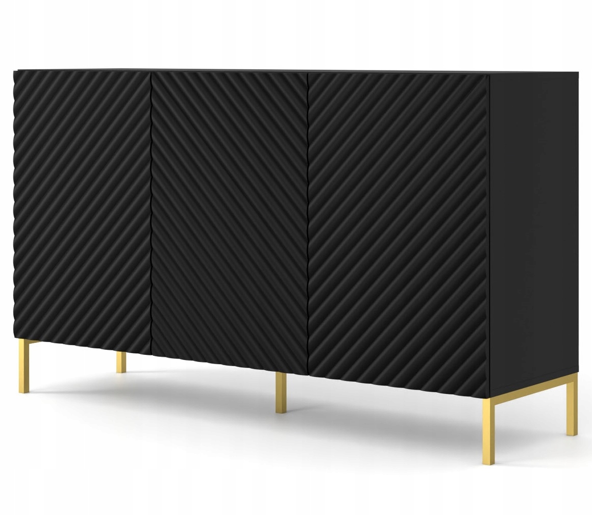 Komoda Surf 150 cm 3D frez czarny mat nóżki metalowe złote frezowane fronty
