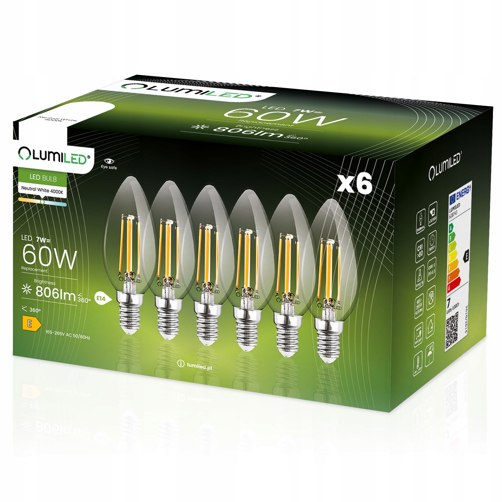 6x Żarówka Led E14 Świeca Filament 7W Lumiled 4000