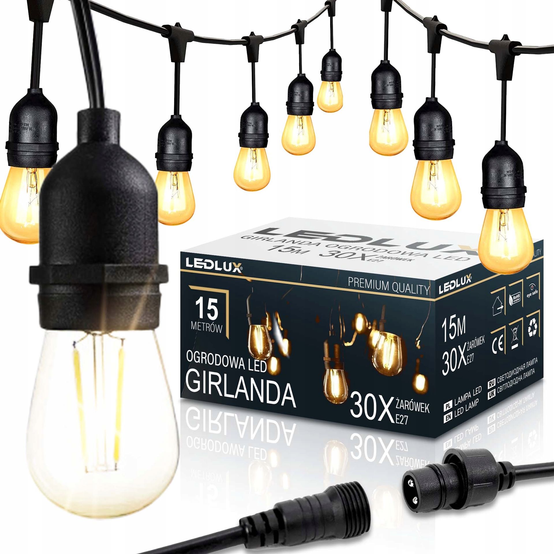 Girlanda Ogrodowa Zewnętrzna Łańcuch Świetlny Led 15m 30xE27 żarówka1W