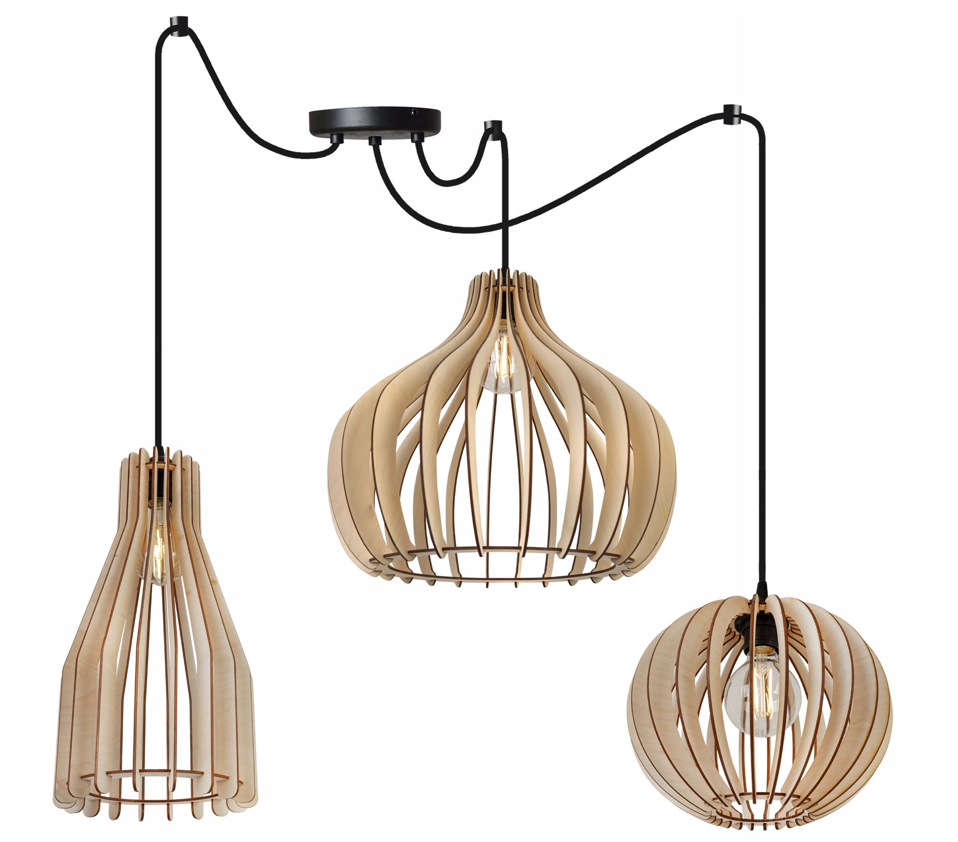 Lampa Sufitowa Wisząca Potrójna Żyrandol Drewno Nowoczesna Boho MIX Led