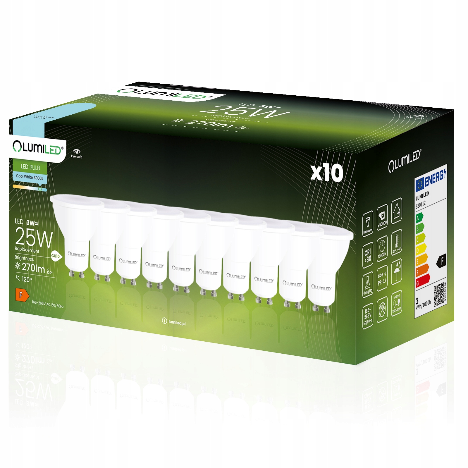 10x Żarówka Led GU10 3W 6500K Biała Zimna 120° Wydajna Premium CCD