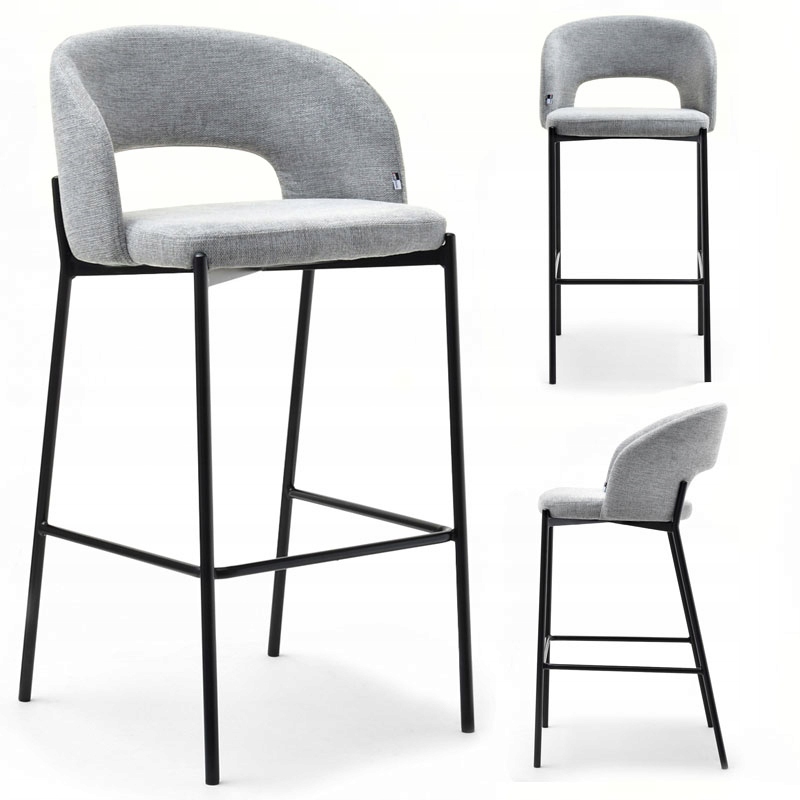 Designerski Hoker Barowy Guido Z Szarej Tkaniny Na Czarnych Nogach Z Metalu