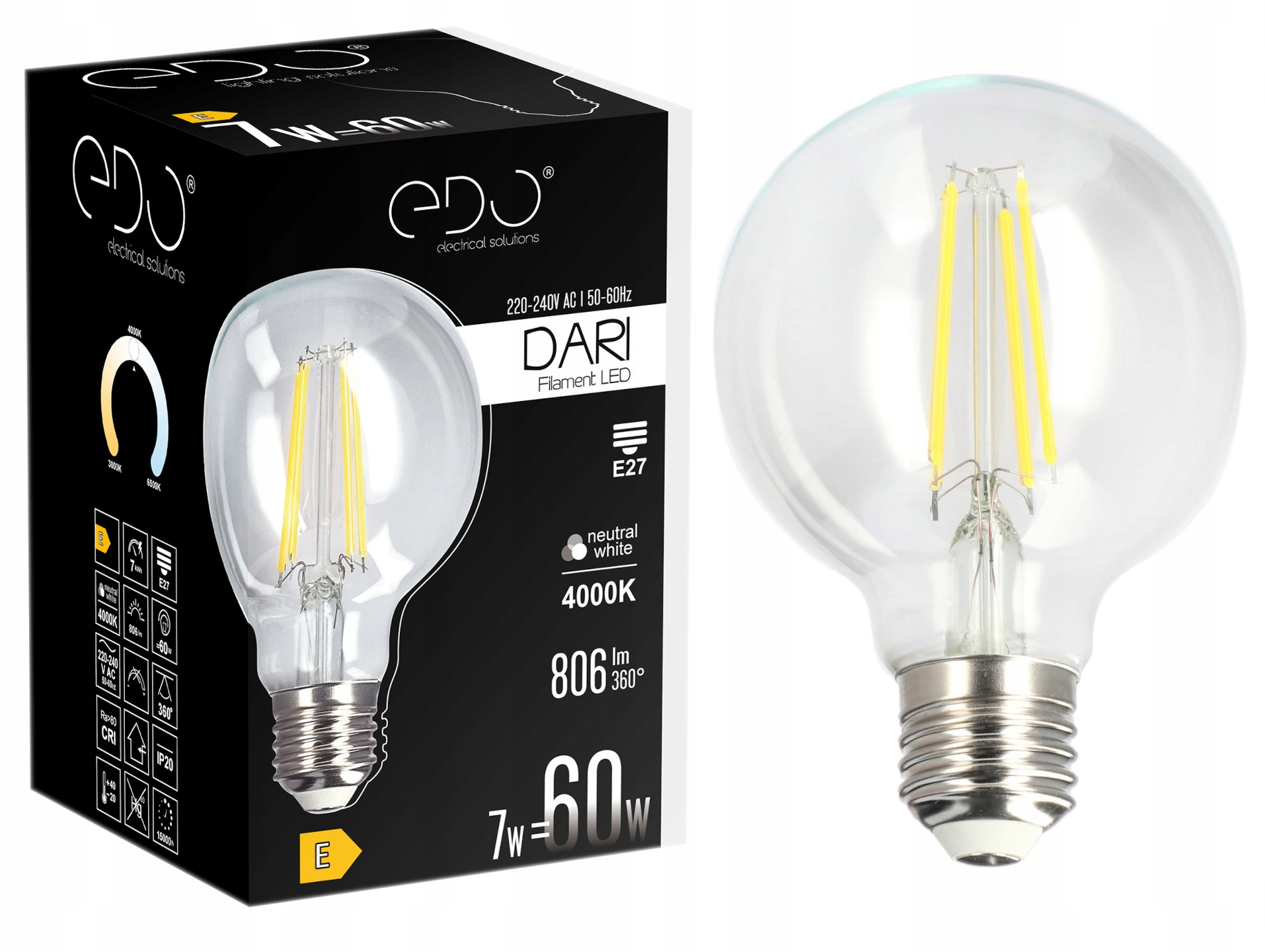 Żarówka dekoracyjna Led E27 G80 Clear 7W 4000K neutralna 806lm Edo 10szt.