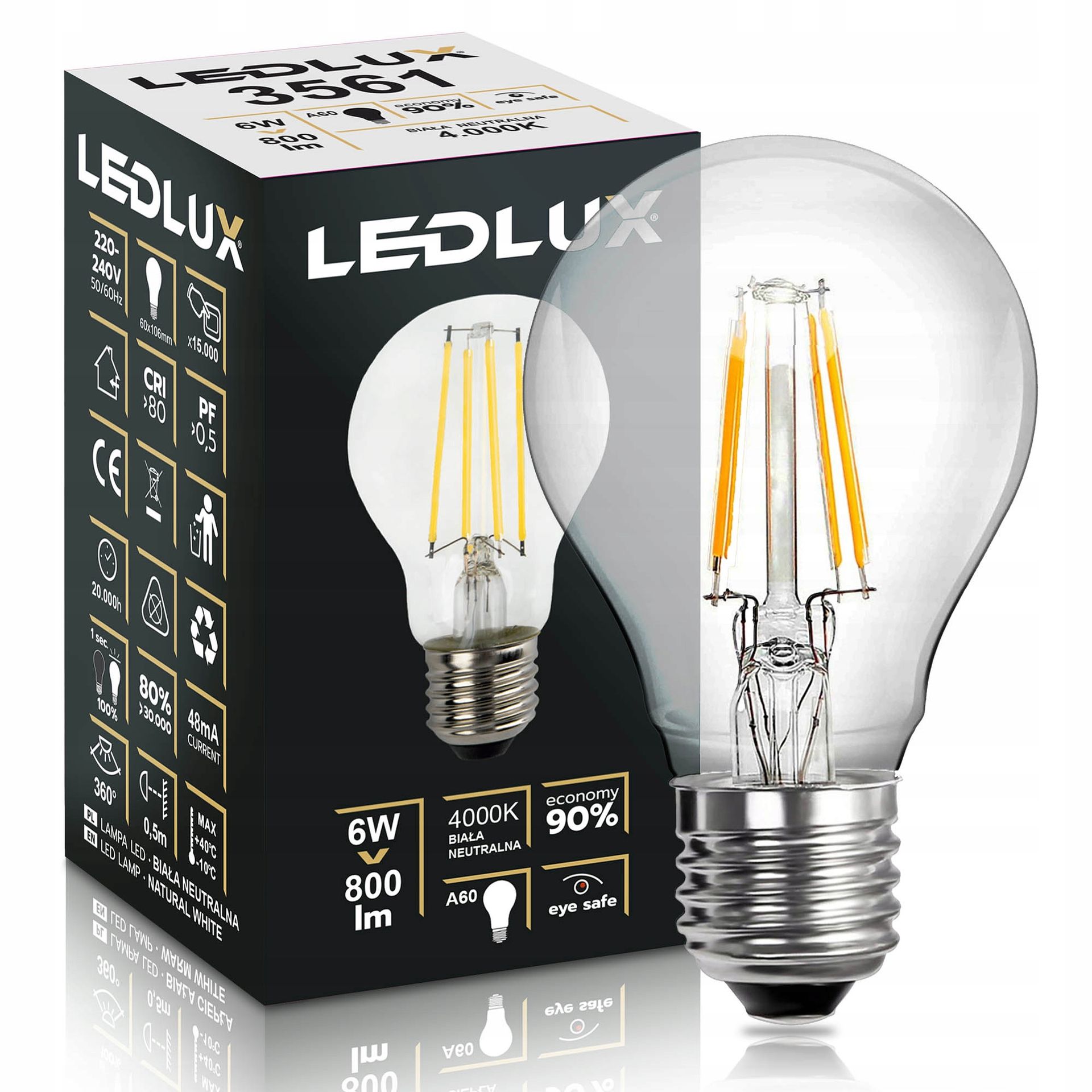 Żarówka E27 Filament 6W =50W 000K neutralna Premium Ledlux nie mruga edison