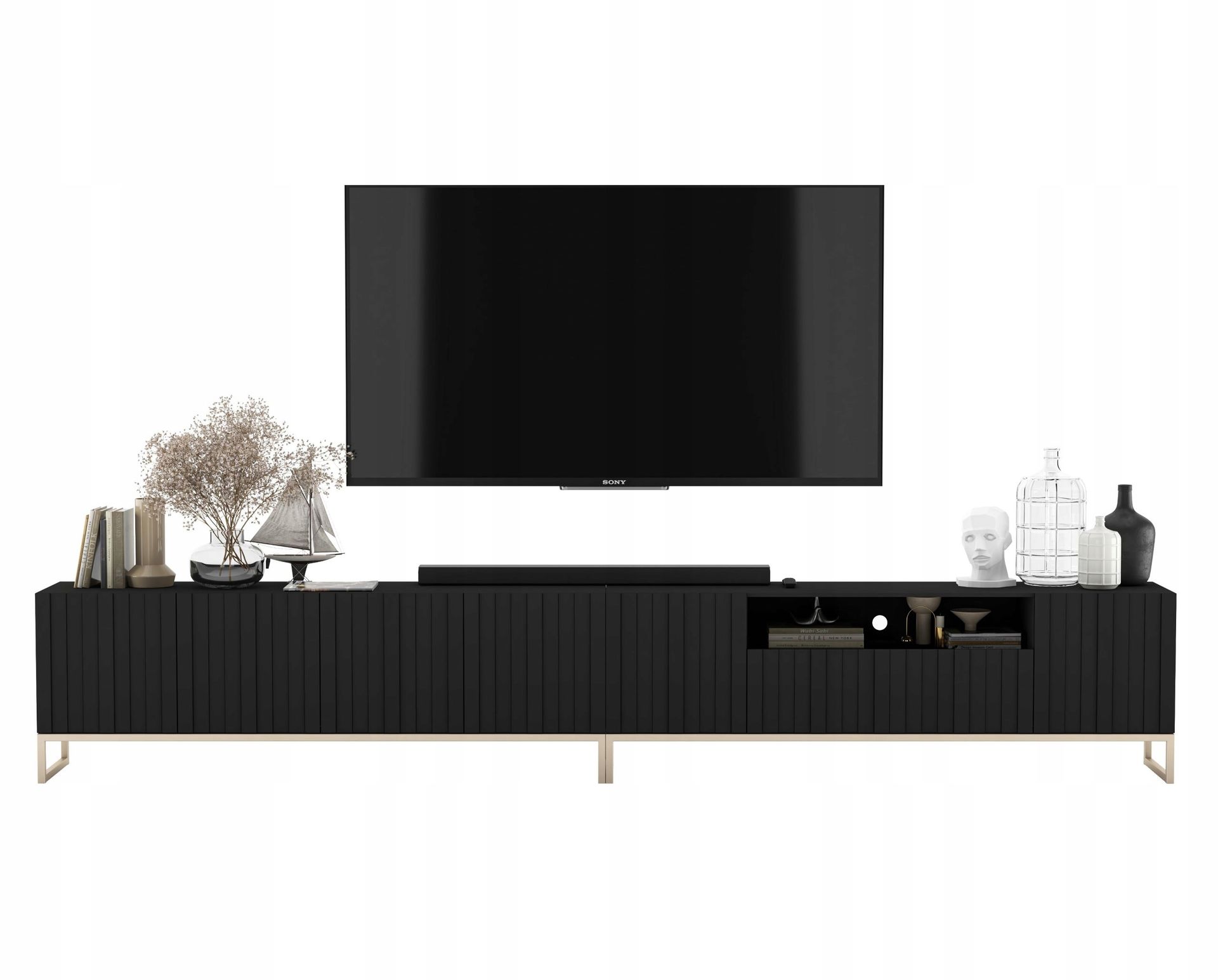 Komoda Rtv Glamour Nowoczesna Szafka Rtv Czarny Mat Ryflowane Fronty 300 cm