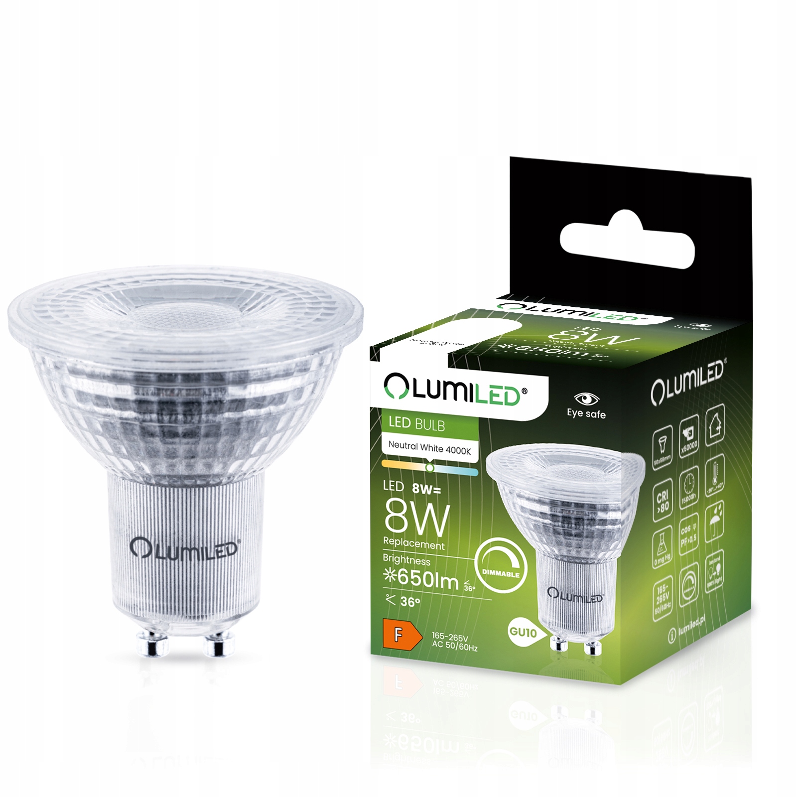 Żarówka Led GU10 8W 650lm 4000K Neutralna Reflektor 36° Ściemnialna
