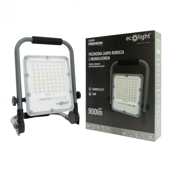Naświetlacz Halogen Przenośny Roboczy Lampa Led Z Akumulatorem 30W 5000K