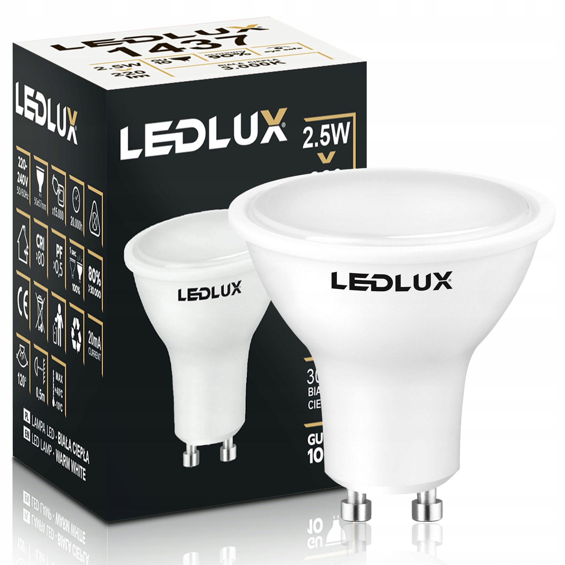 Żarówka Led GU10 2,5W =25W Smd 3000K ciepła Premium Ledlux nie mruga