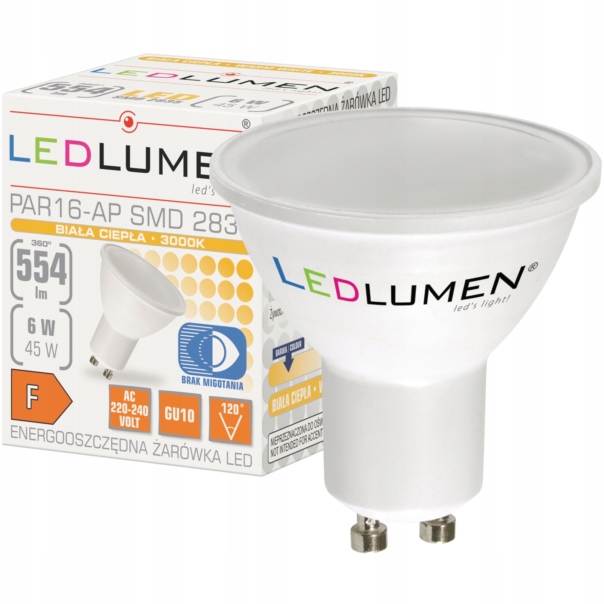 Żarówka Led GU10 PAR16 6W=45W Smd 554lm 120° Energooszczędna Brak Migotania