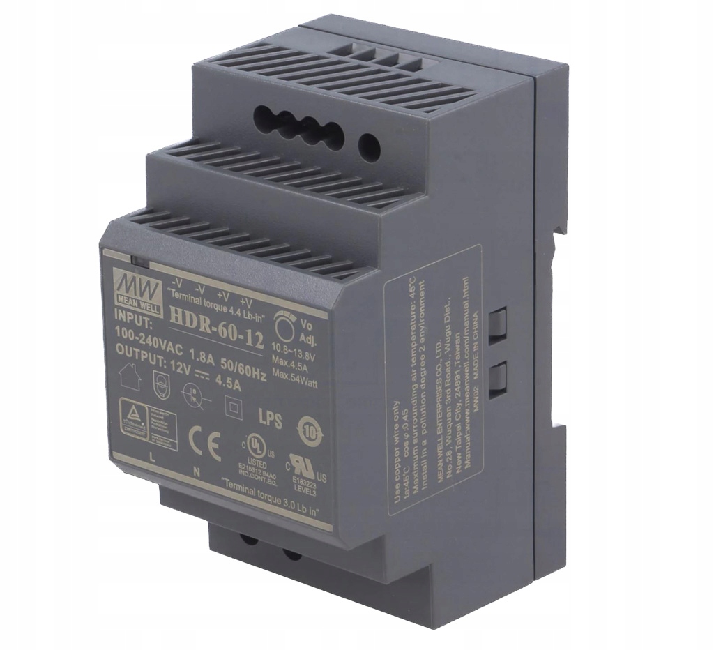 Zasilacz na szynę Din 60W HDR-60-12 Meanwell 12V