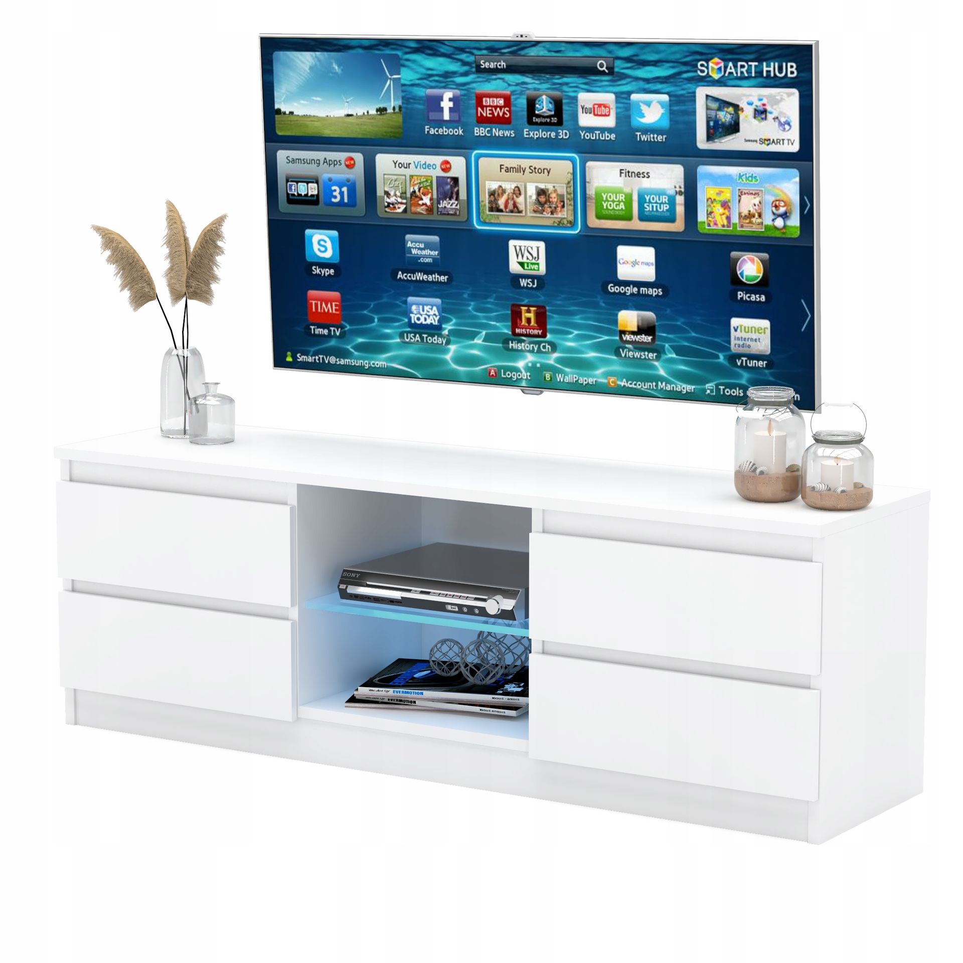 Szafka Rtv 138cm Stolik pod Tv Komoda stojąca 4 szuflady Biała