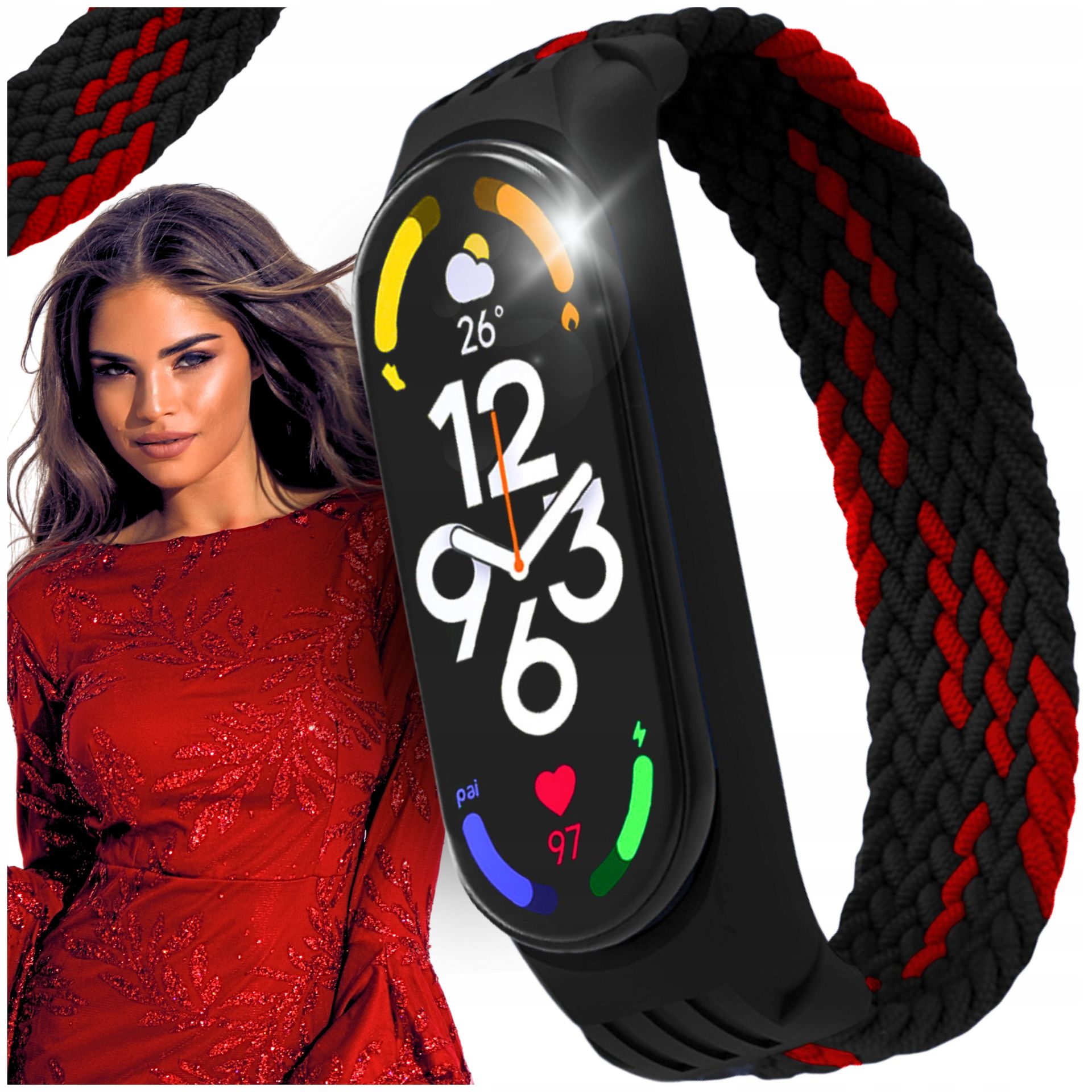 Elastyczna Opaska czarno czerwona pasek xiaomi mi band 7 materiałowa jakość
