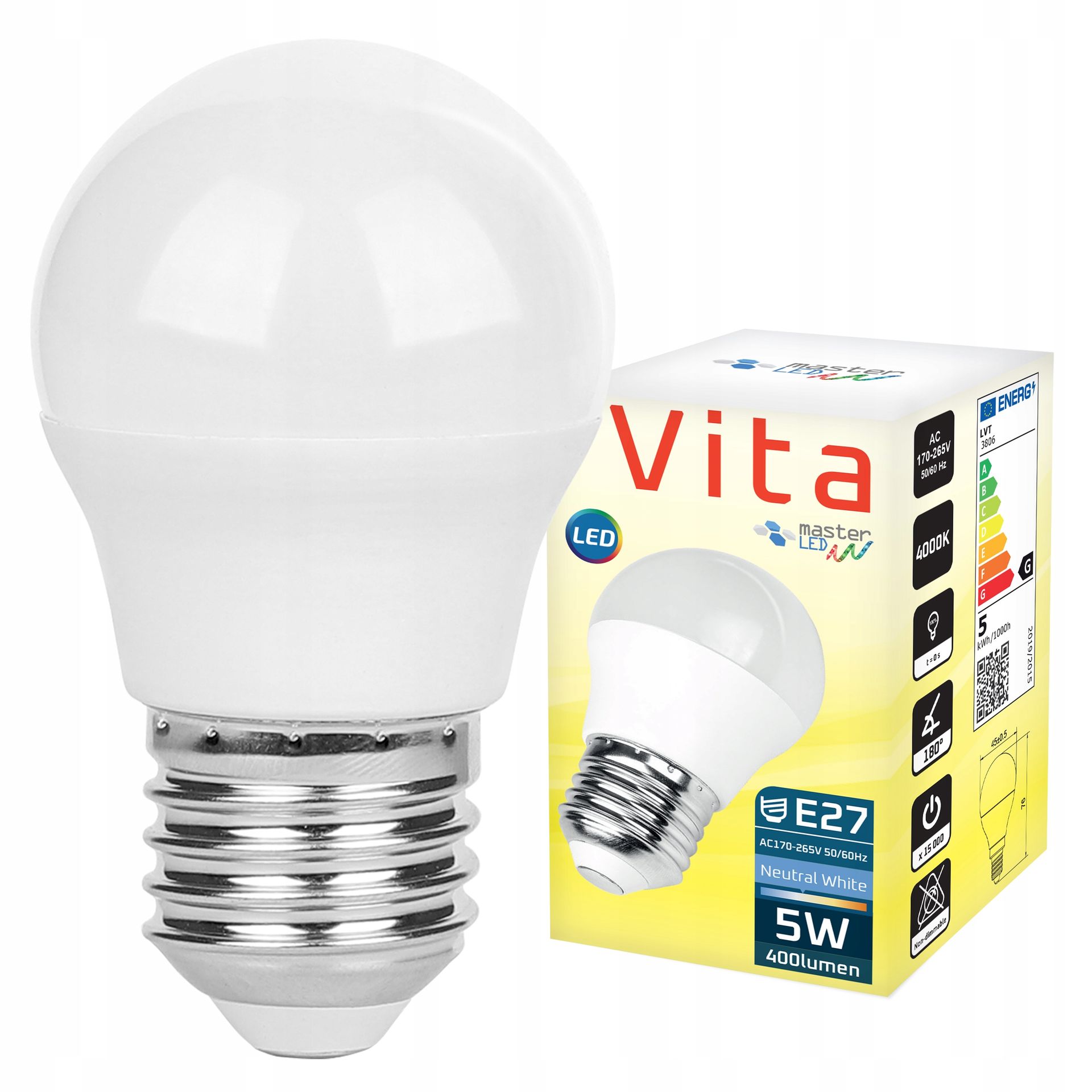 Żarówka Led E27 5W biały neutralny 4000K 400lm kula G45 230V
