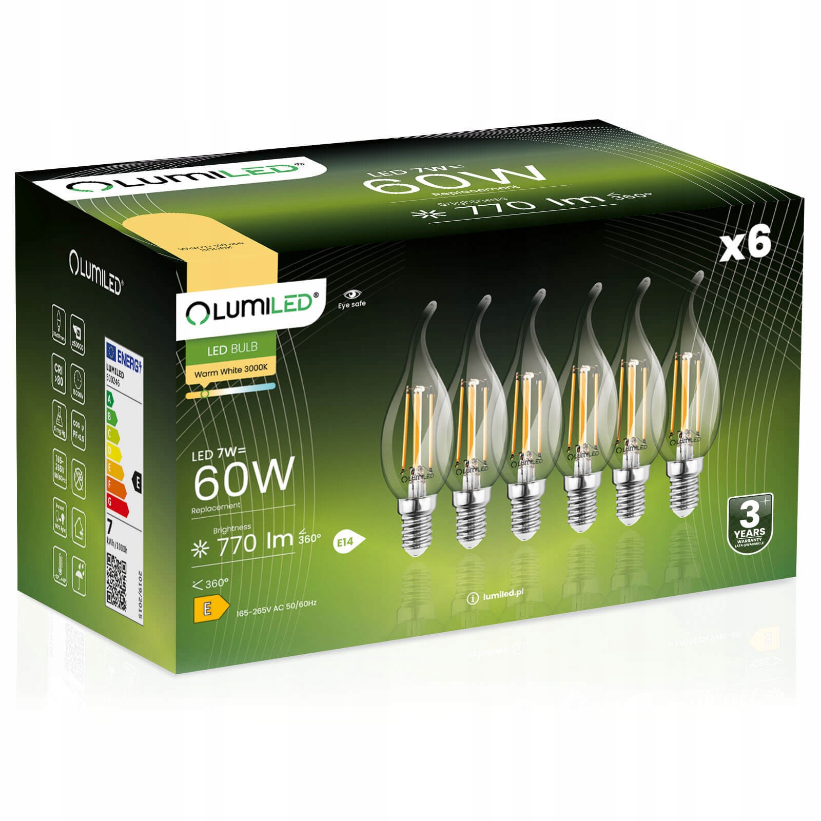 6x Żarówka Led E14 BA35 7W 60W 3000K Ciepła 360° Płomyk Filament Lumiled