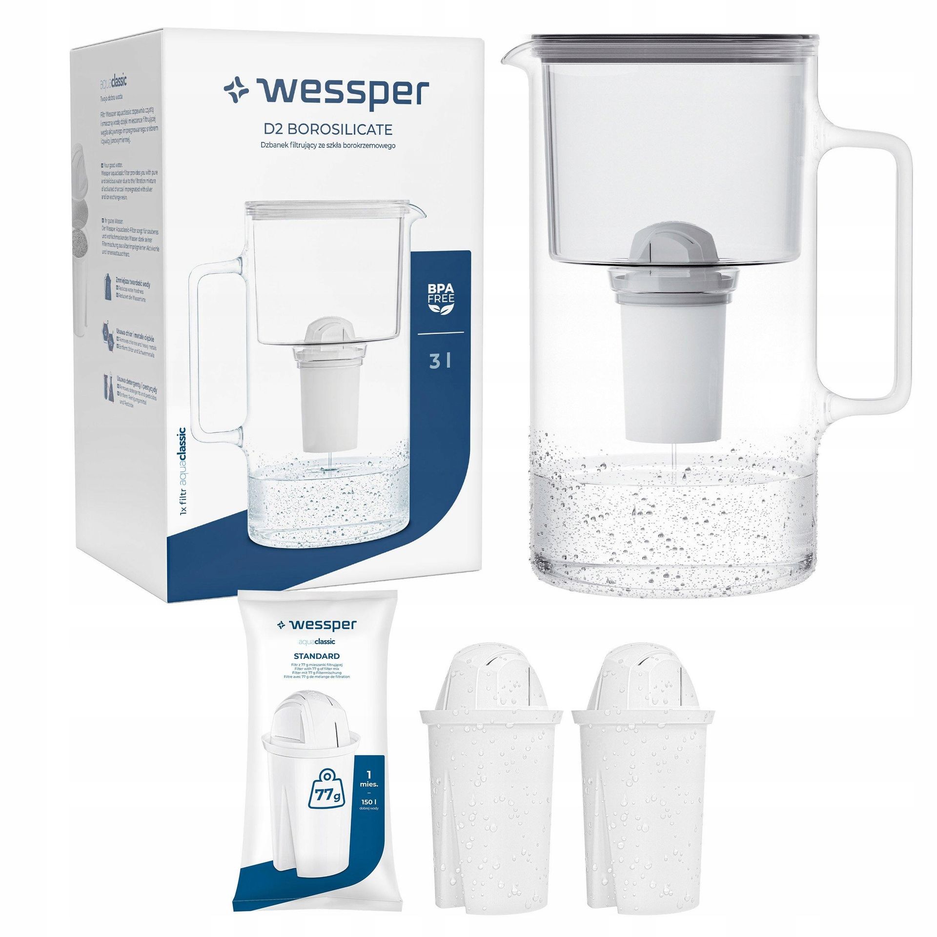 Dzbanek Szklany Wessper D2 Borosilicate 3l 3x Filtr Wessper aquaclassic