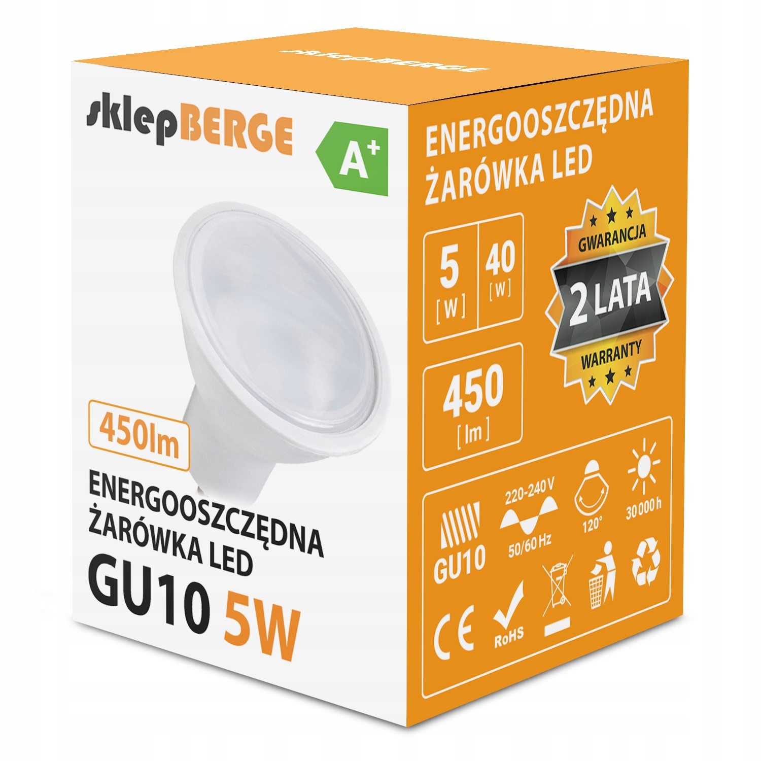 Żarówka Led GU10 5W 2835 Barwa Ciepła 3000K Energooszczędna Ledowa Berge