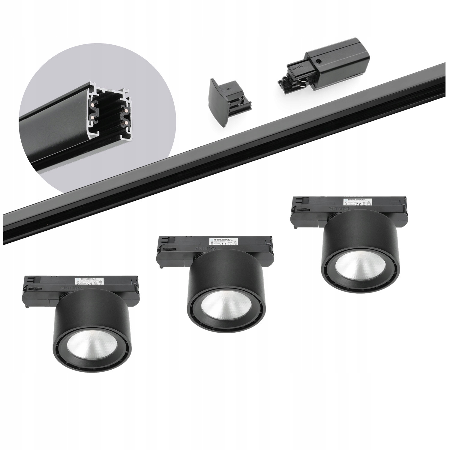 Zestaw szynowy 3 fazowy szyna 2m, 3x Led 10W Czarny kompletny zestaw
