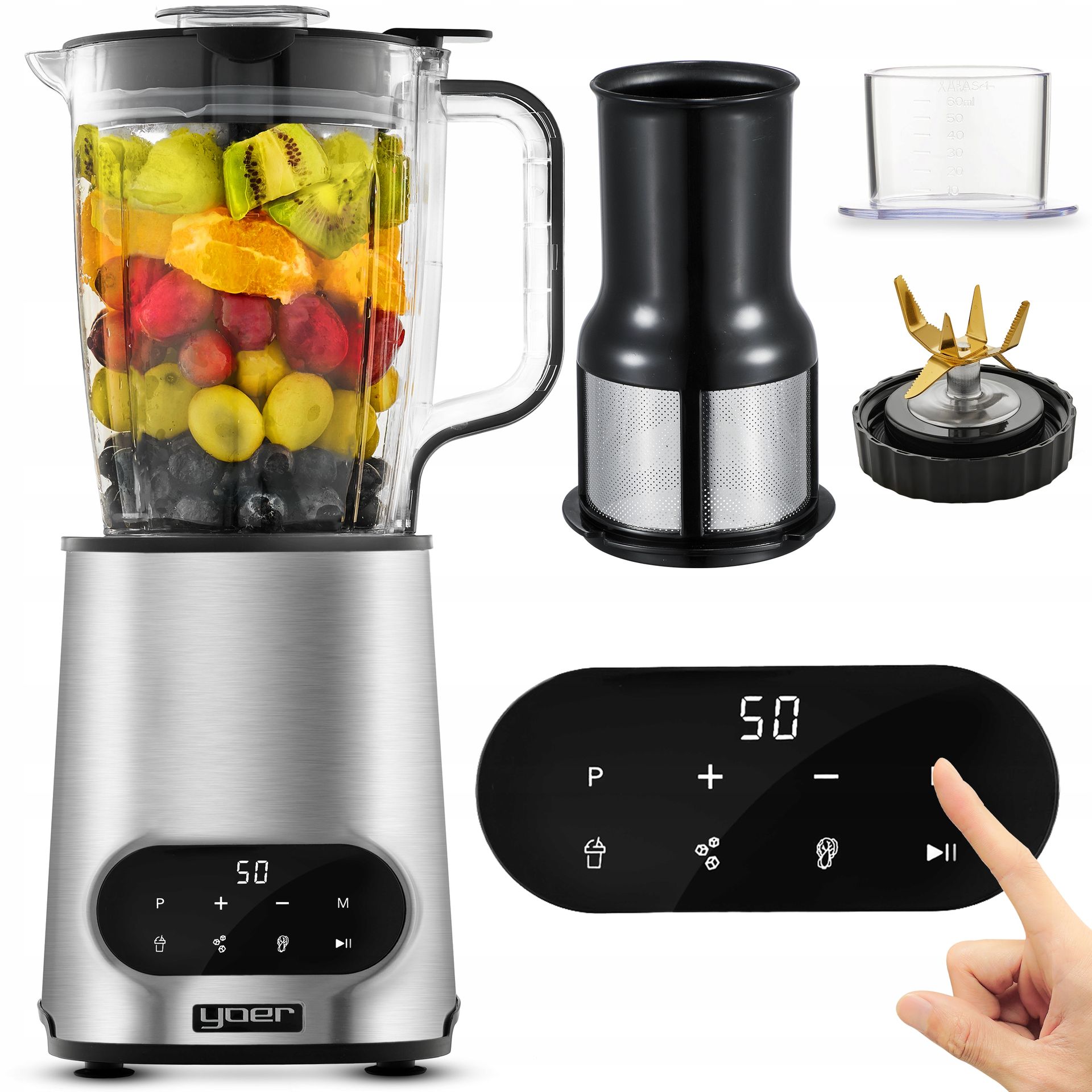 Blender kielichowy Automatyczny Tritan Yoer Inox 2,4L 2200W +Sito do soku