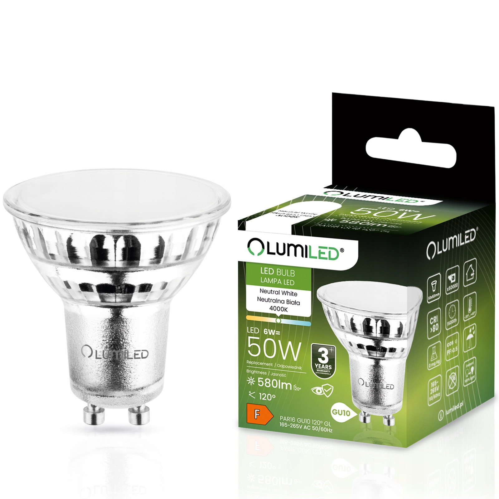 Żarówka Led GU10 6W 50W 580lm 4000K Neutralna 120° Szklana Lumiled