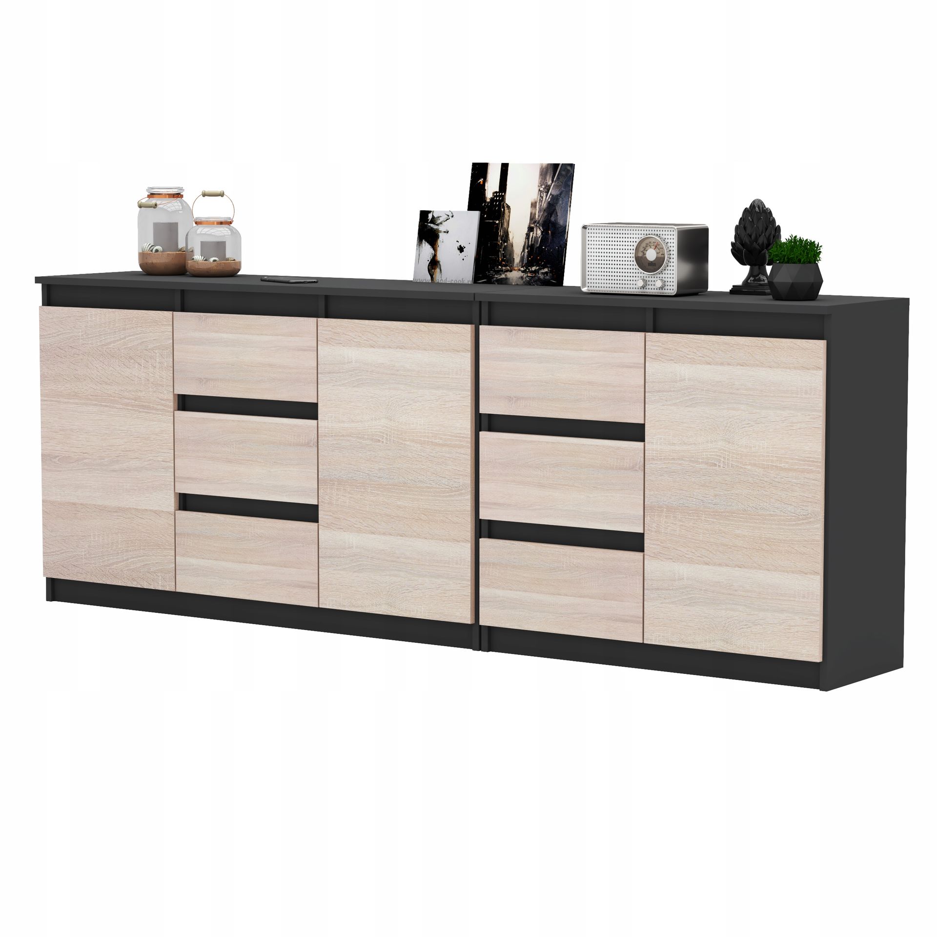 Komoda Antracyt/Sonoma 6 szuflad 3 drzwi Duza Komoda 200cm Zestaw do Salonu