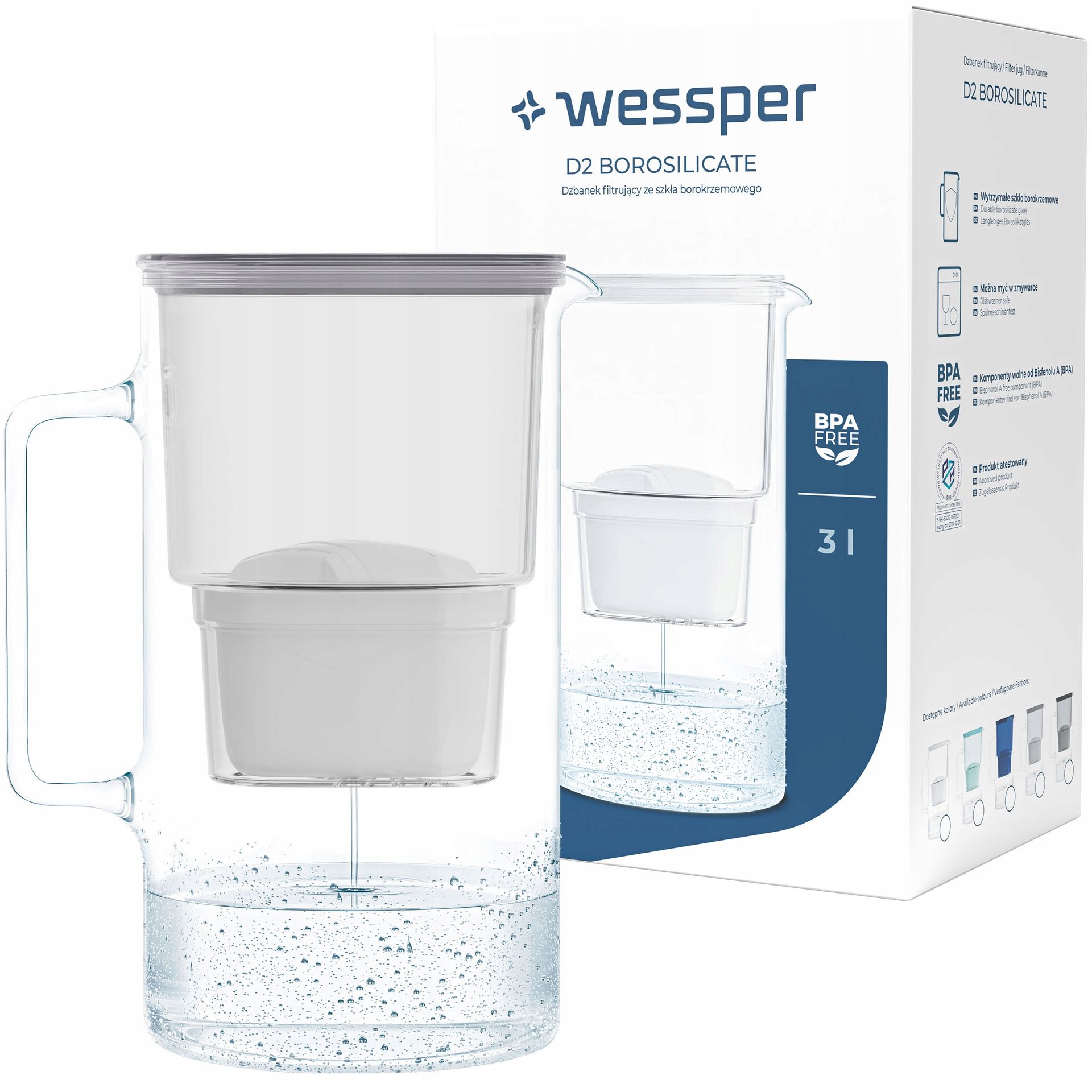 Dzbanek filtrujący szklany Wessper aquamax 3l 1x Filtr Wessper aquamax