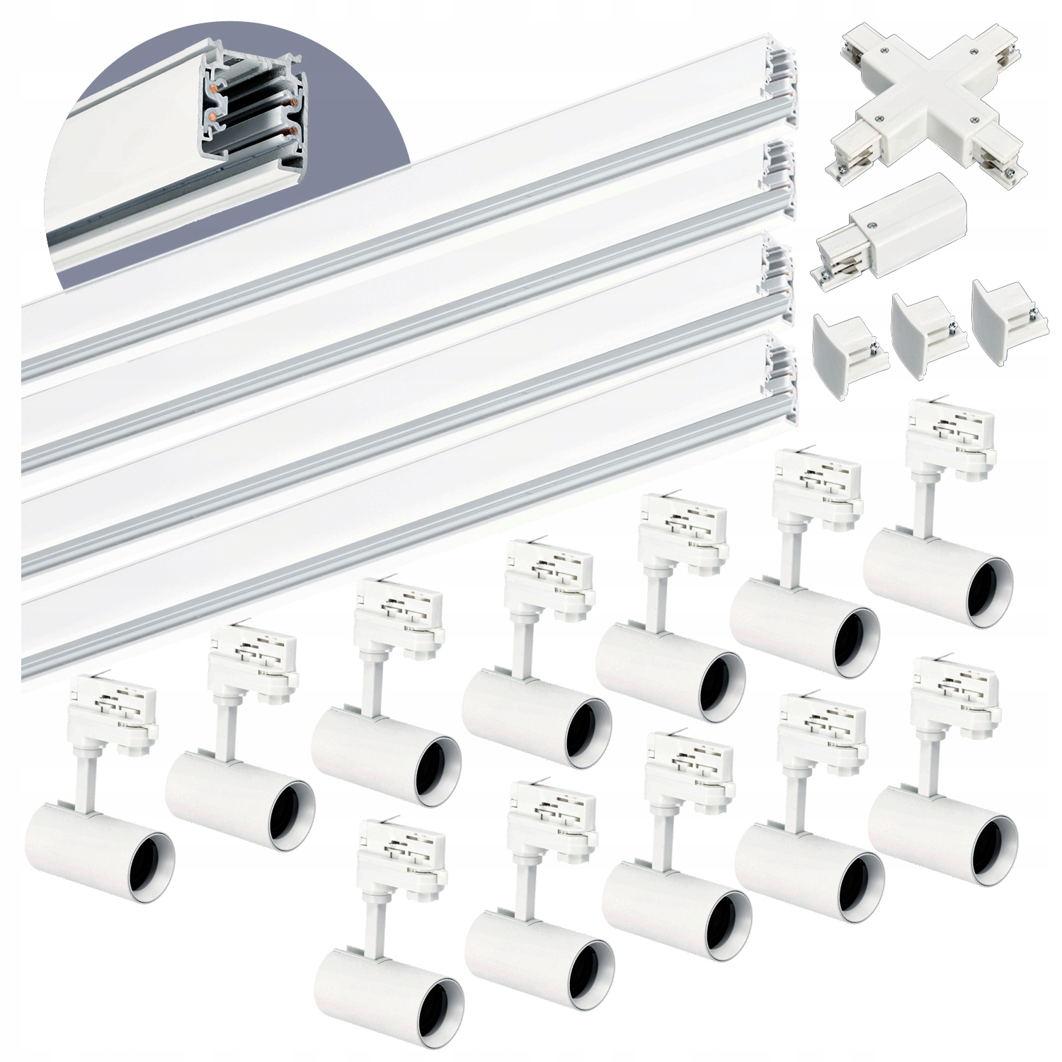 Zestaw szynowy 3 fazowy szyna 1m+1m+1m+1m, 12x Lampa, łącznik X Biały