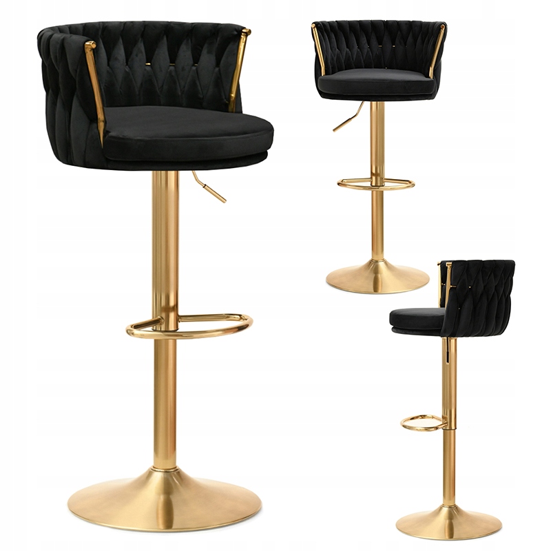 Hoker Z Plecionym Oparciem Aster Czarny Welur Złota Podstawa Regulacja Wys