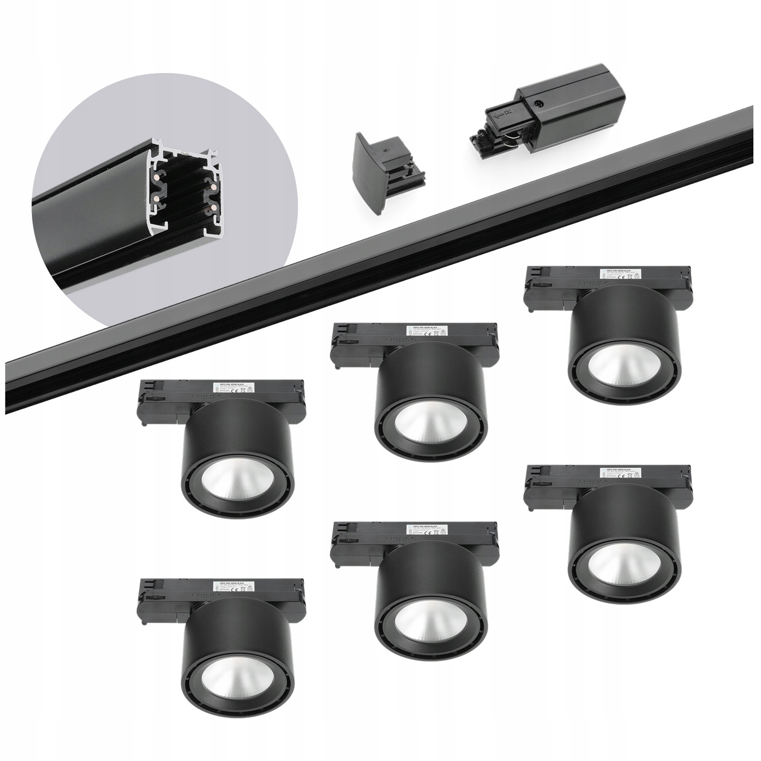 Zestaw szynowy 3 fazowy szyna 2m, 6x Led 10W Czarny kompletny zestaw