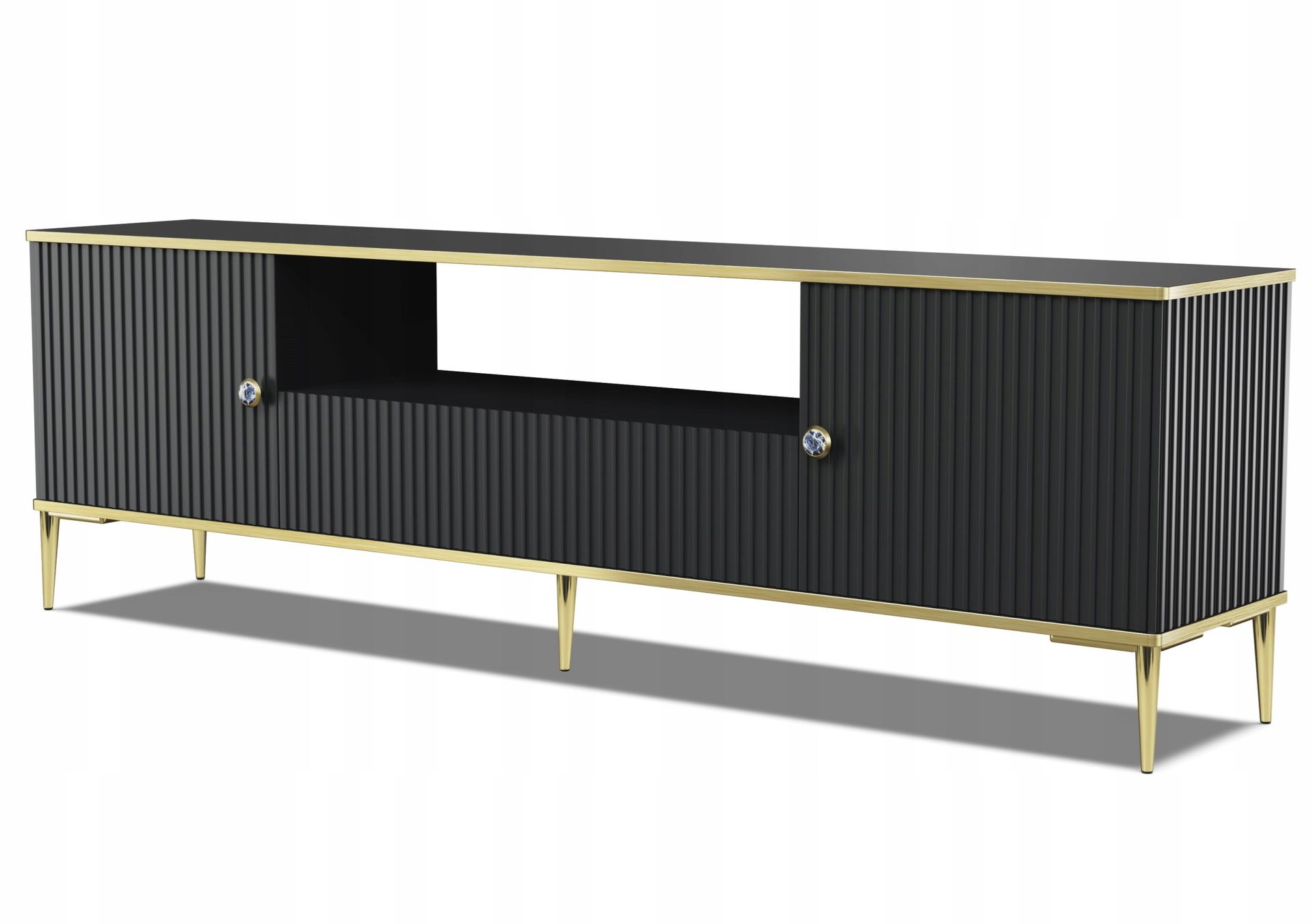 Szafka Rtv Petra 180cm 2D1S frez czarny mat frezowana nóżki złote metalowe