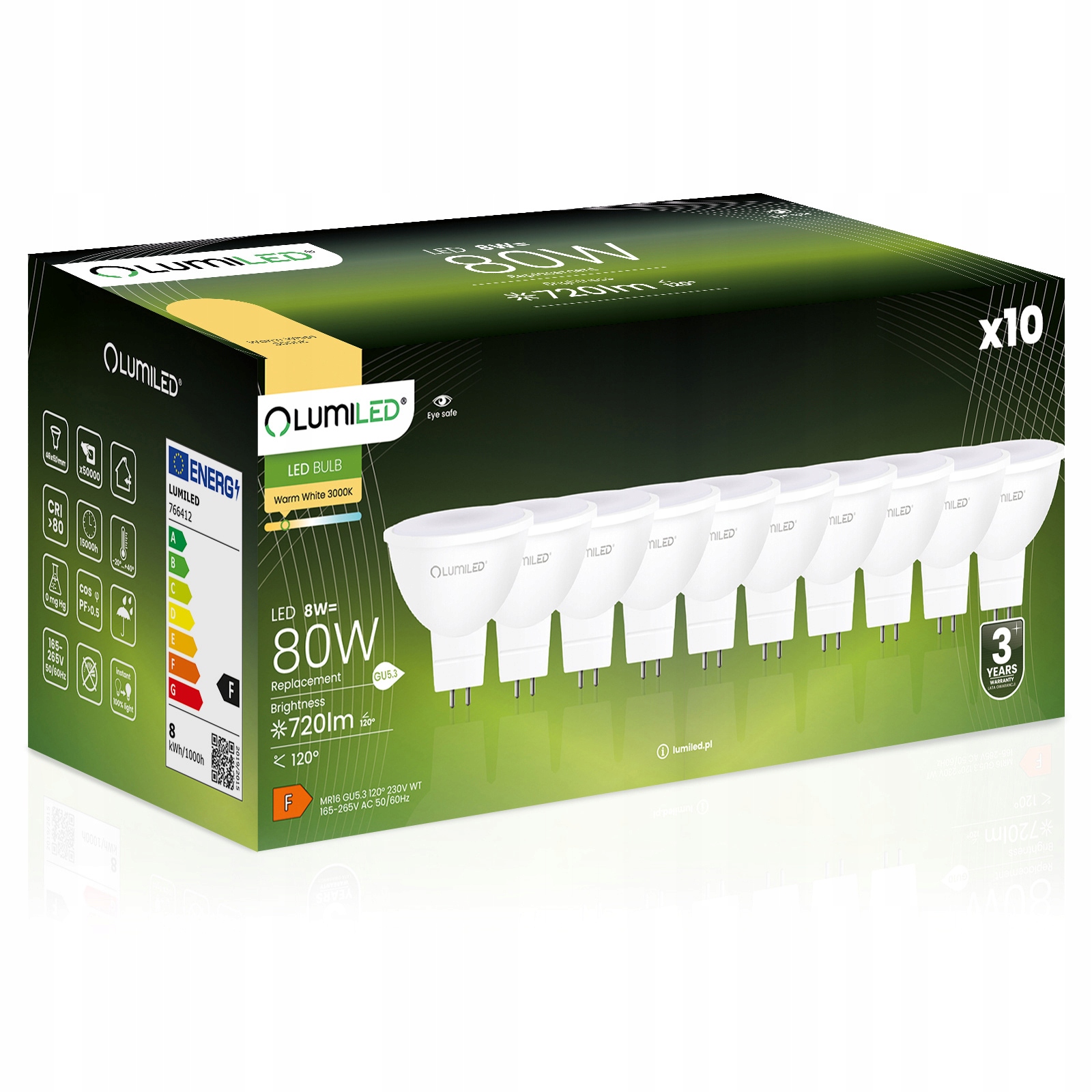 10x Żarówka Led GU5.3 MR16 8W 80W 720lm 3000K Ciepła 120° 230V Lumiled