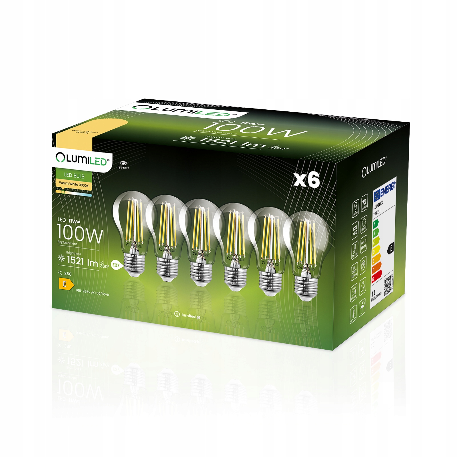 6x Żarówka Led E27 A60 11W 100W 1521lm 3000K Ciepła Filament Ozdobna