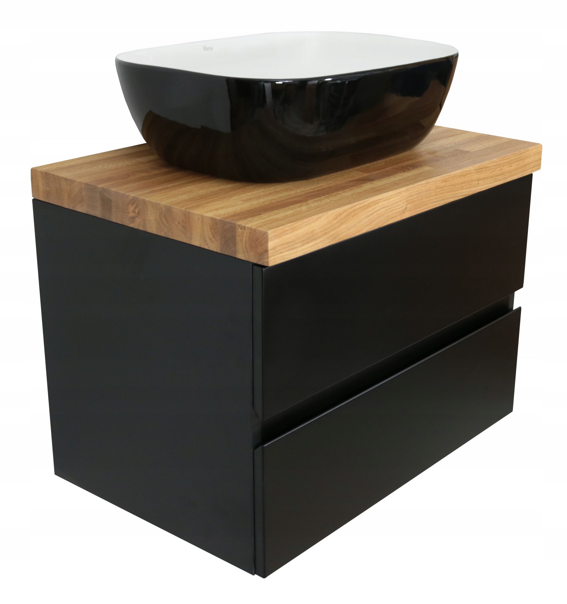 Szafka Pod Umywalkę Lakier Czarny Mat Lity Blat Dębowy 60 CM Mdf