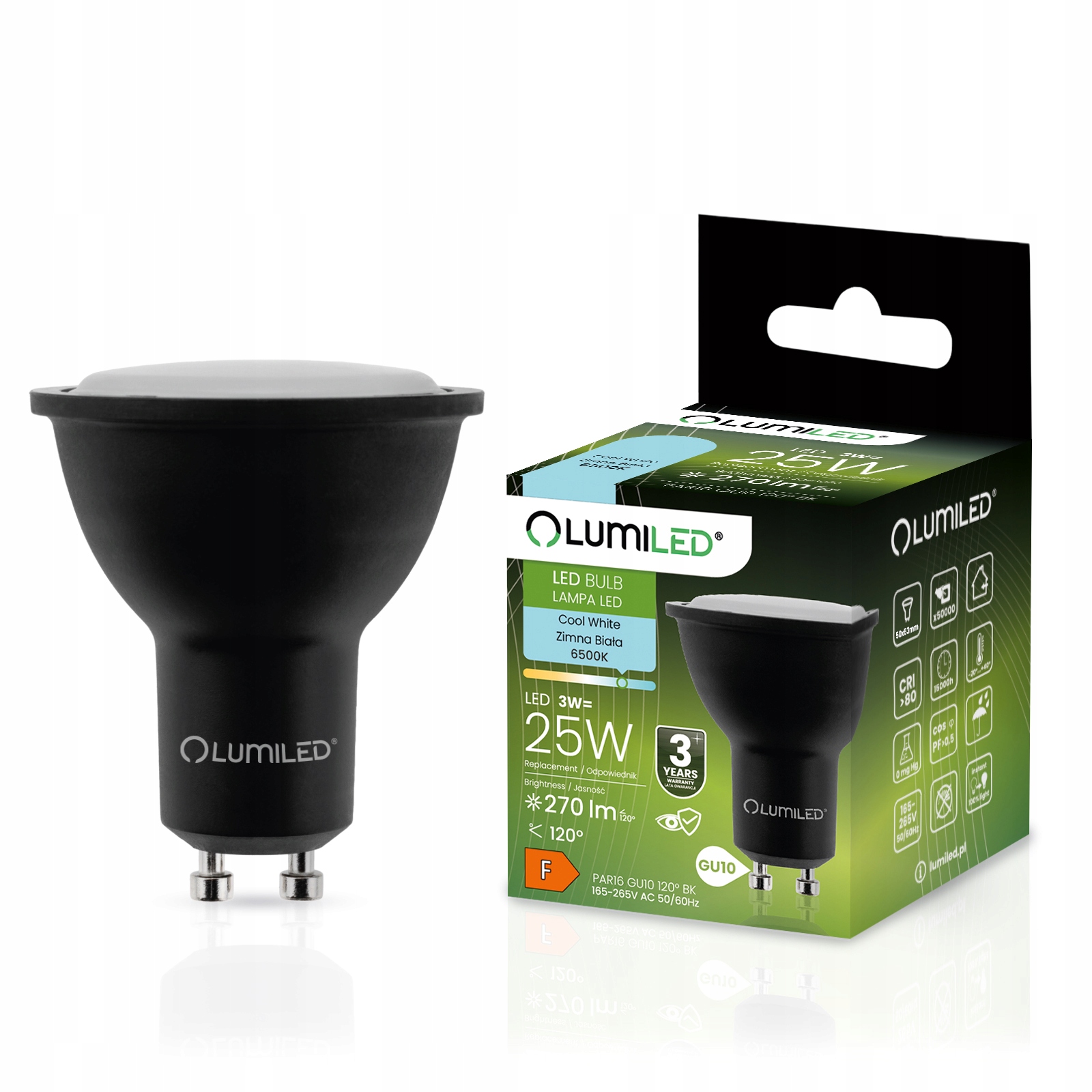 Żarówka Led GU10 3W 25W 270lm 6500K Zimna 120° Czarna Premium Lumiled