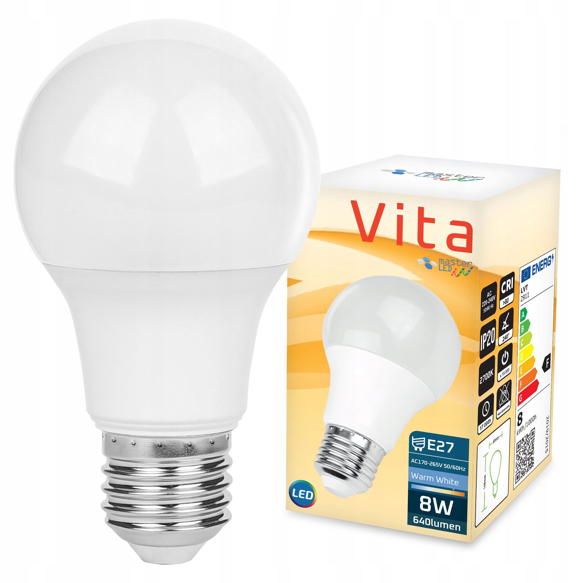 Żarówka Led E27 8W biały ciepły 2700K 640lm kula A60 230V