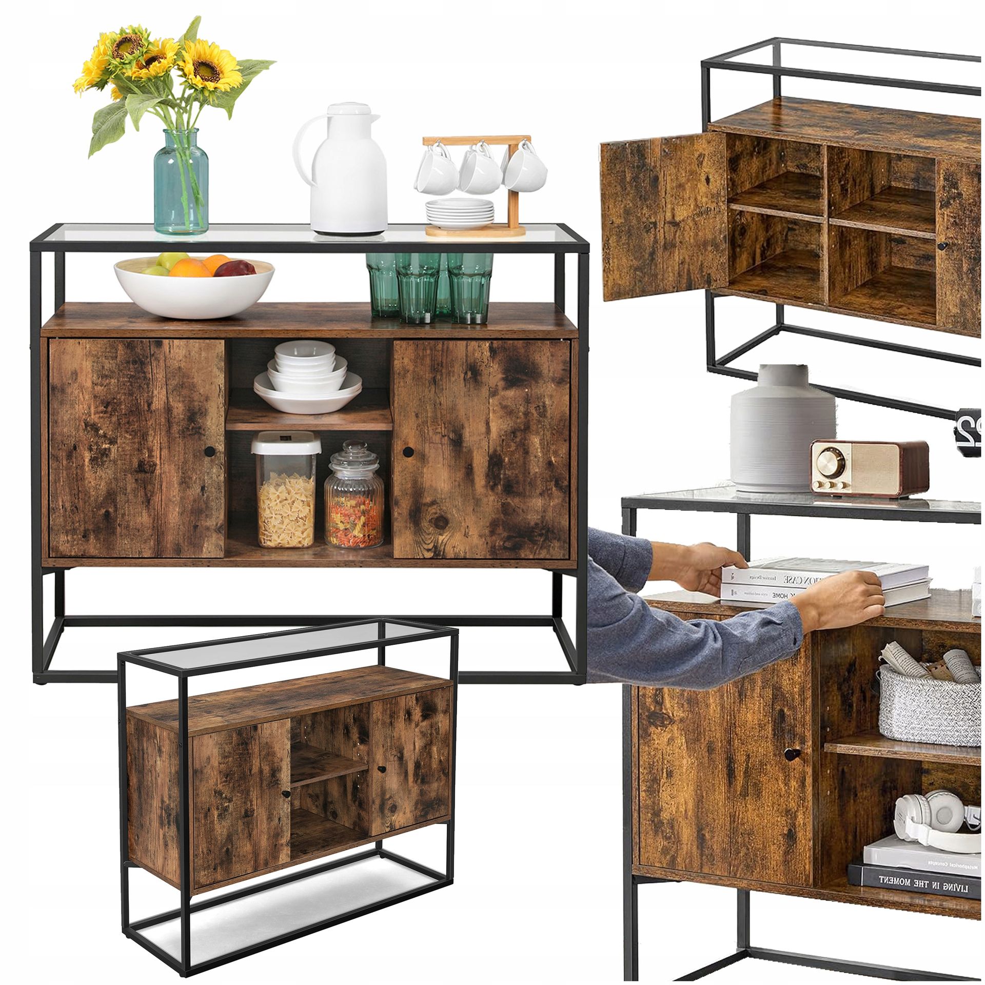 Komoda drewniana Szafka do przedpokoju jadalni kuchni Mały kredens witryna