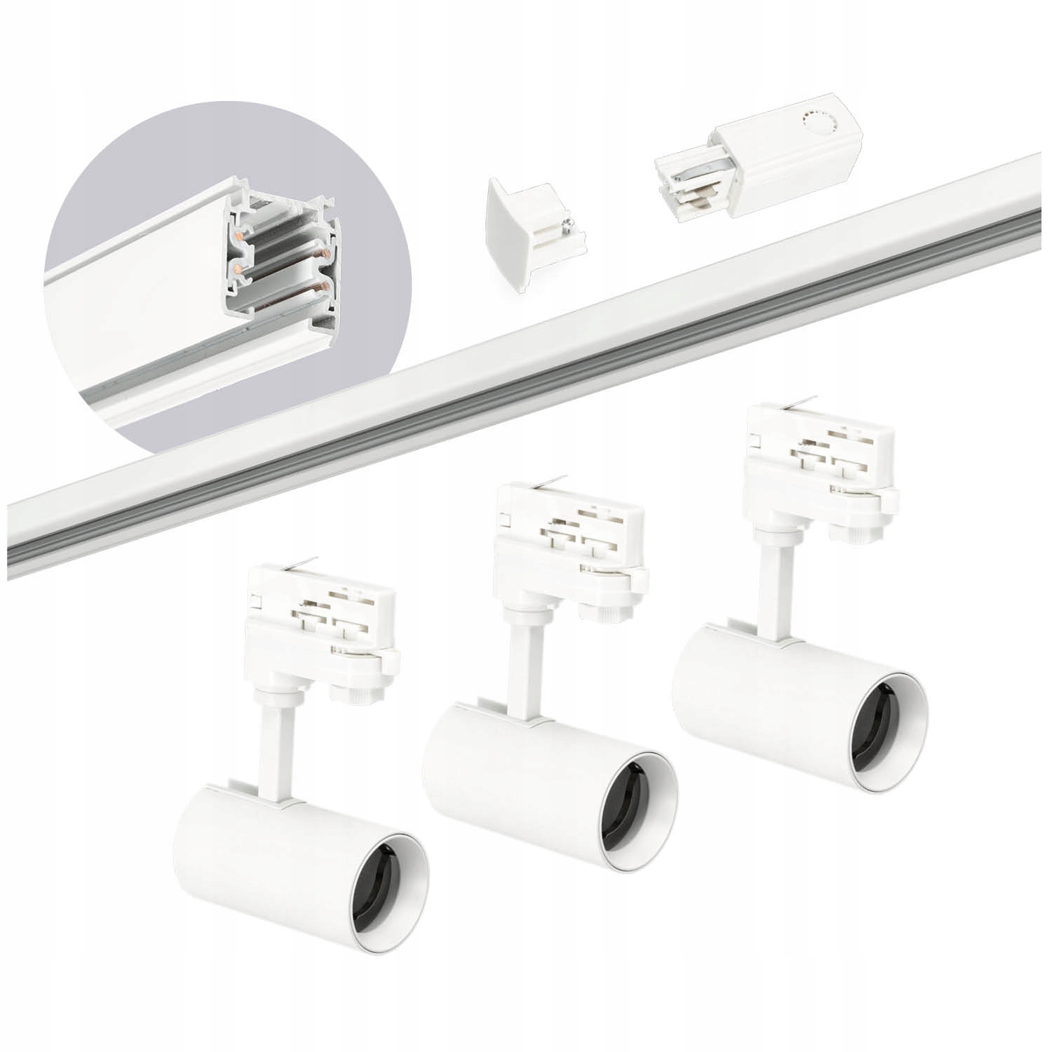 Zestaw szynowy 3 fazowy szyna 2m, 3x Lampa Biały kompletny zestaw