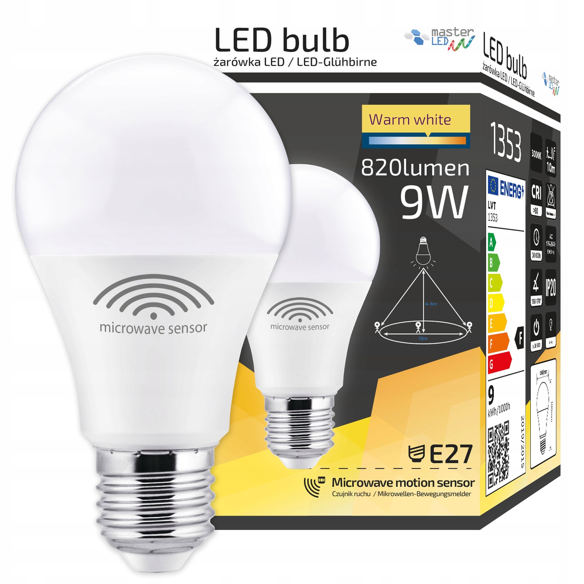 Żarówka Led E27 9W 230V czujnik ruchu mikrofalowy