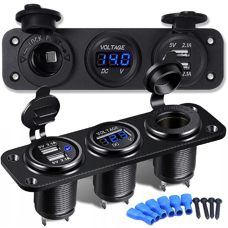 Gniazdo Ładowania Zapalniczki 12V Woltomierz 2 Usb