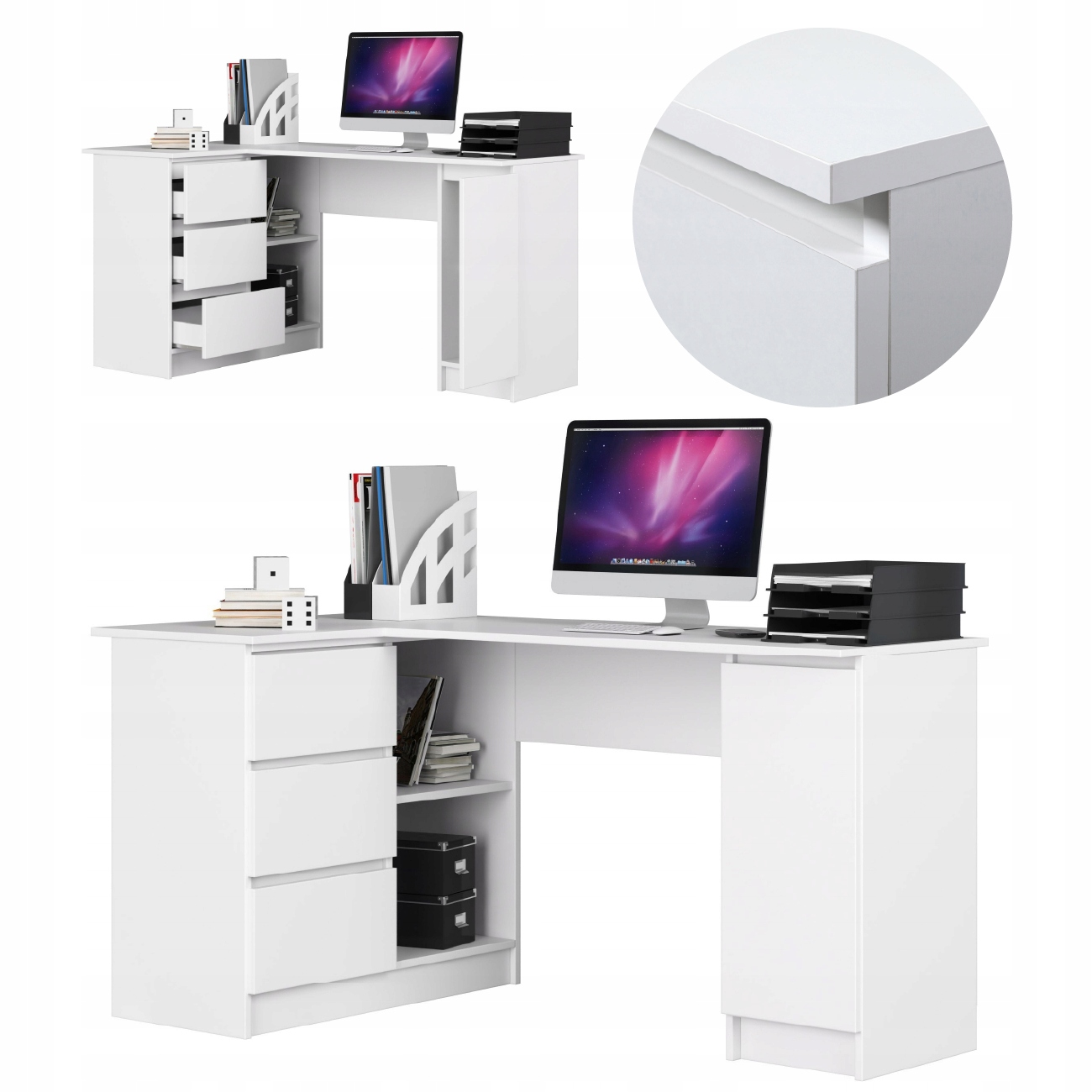 Biurko narożne B20 155 cm lewostronne 3 szuflady 4 półki 1 drzwi Białe