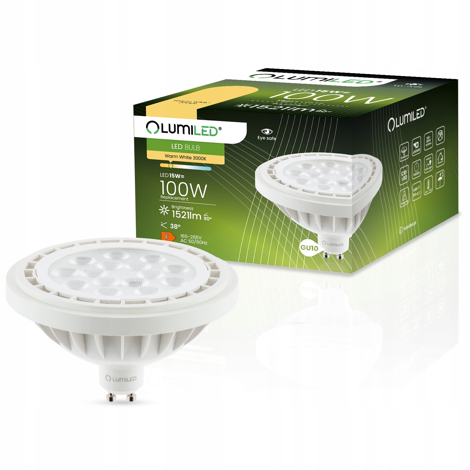 Żarówka Led AR111 ES111 GU10 15W 100W 3000K Ciepła Biała 38° Lumiled