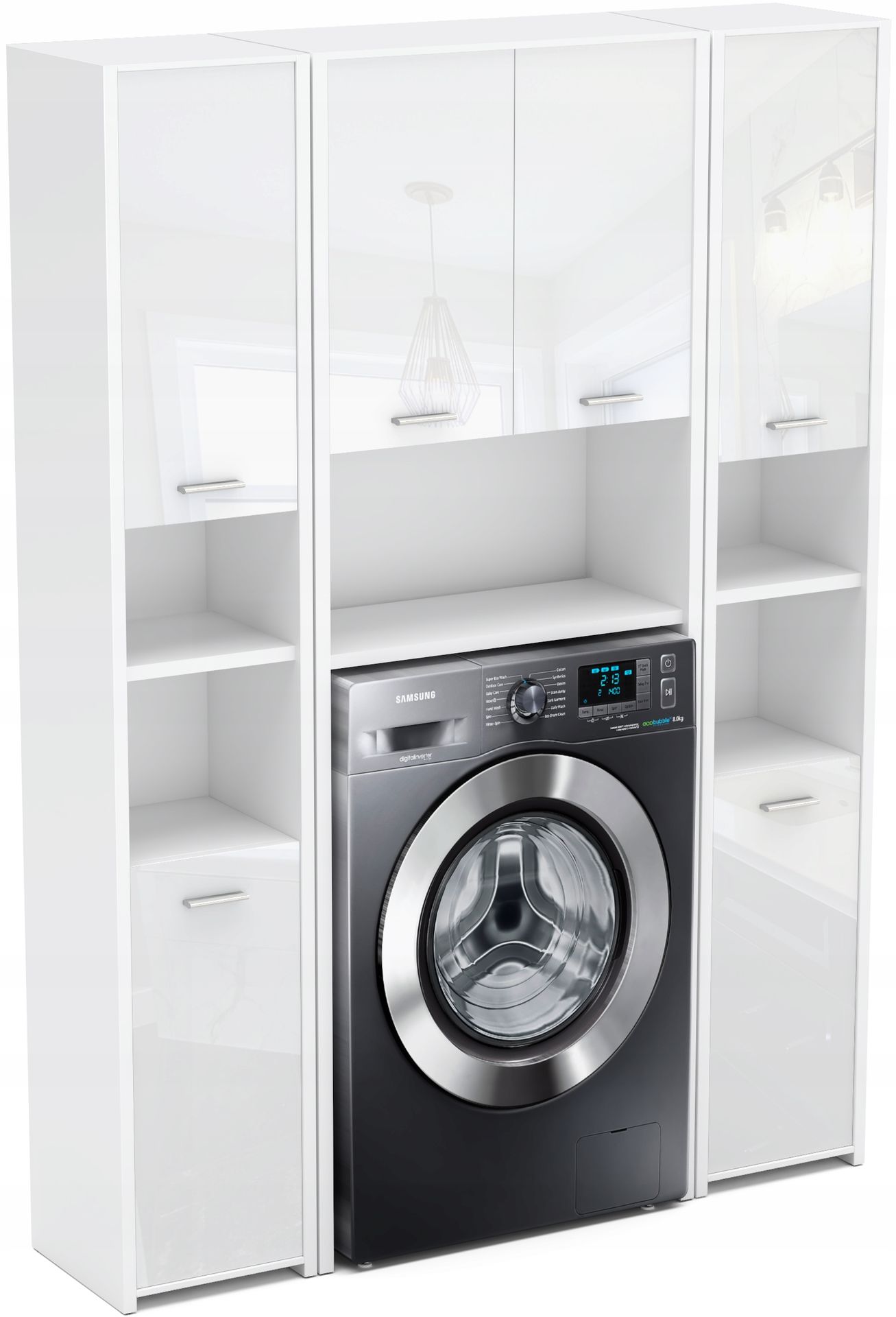 Szafka Łazienkowa Nad PRALKE+2 Słupek Biały Połysk