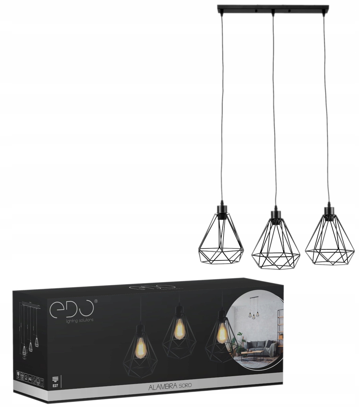 Lampa Wisząca Loft Alambra Largo 3x E27 Czarna Edo