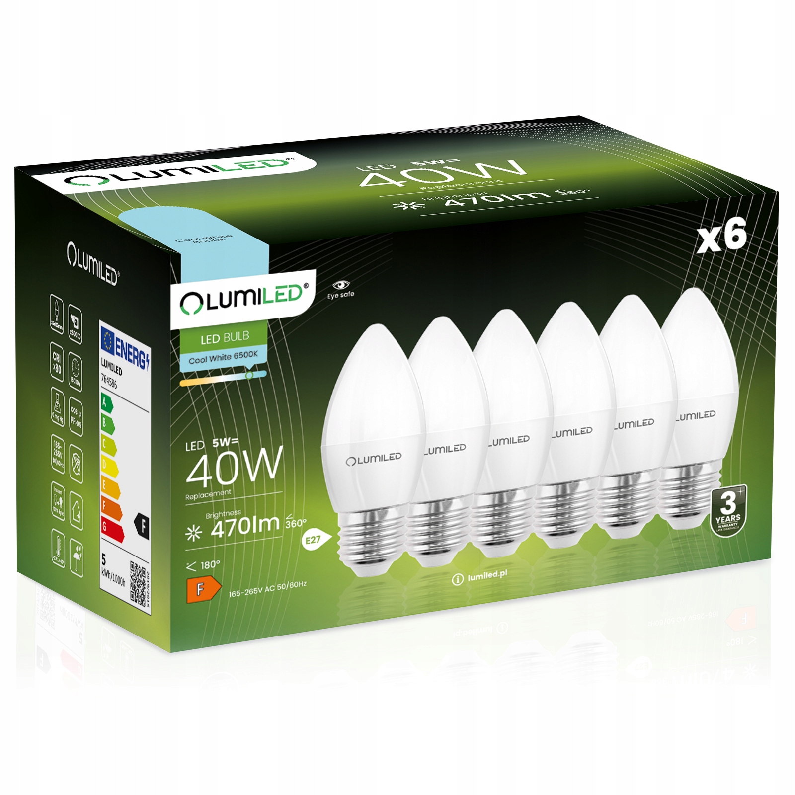 6x Żarówka Led E27 Świeca 5W 40W 6500K Zimna Biała Świeczka CCD Lumiled