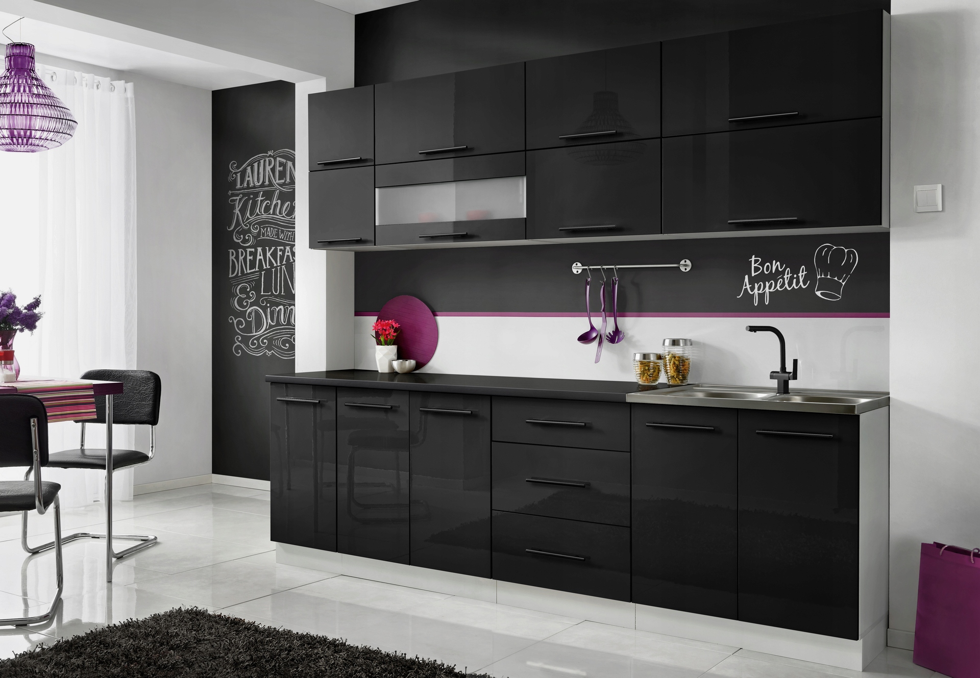 Meble Kuchenne Kuchnia Szafki Modułowe Czarny Połysk 2,6M Rico