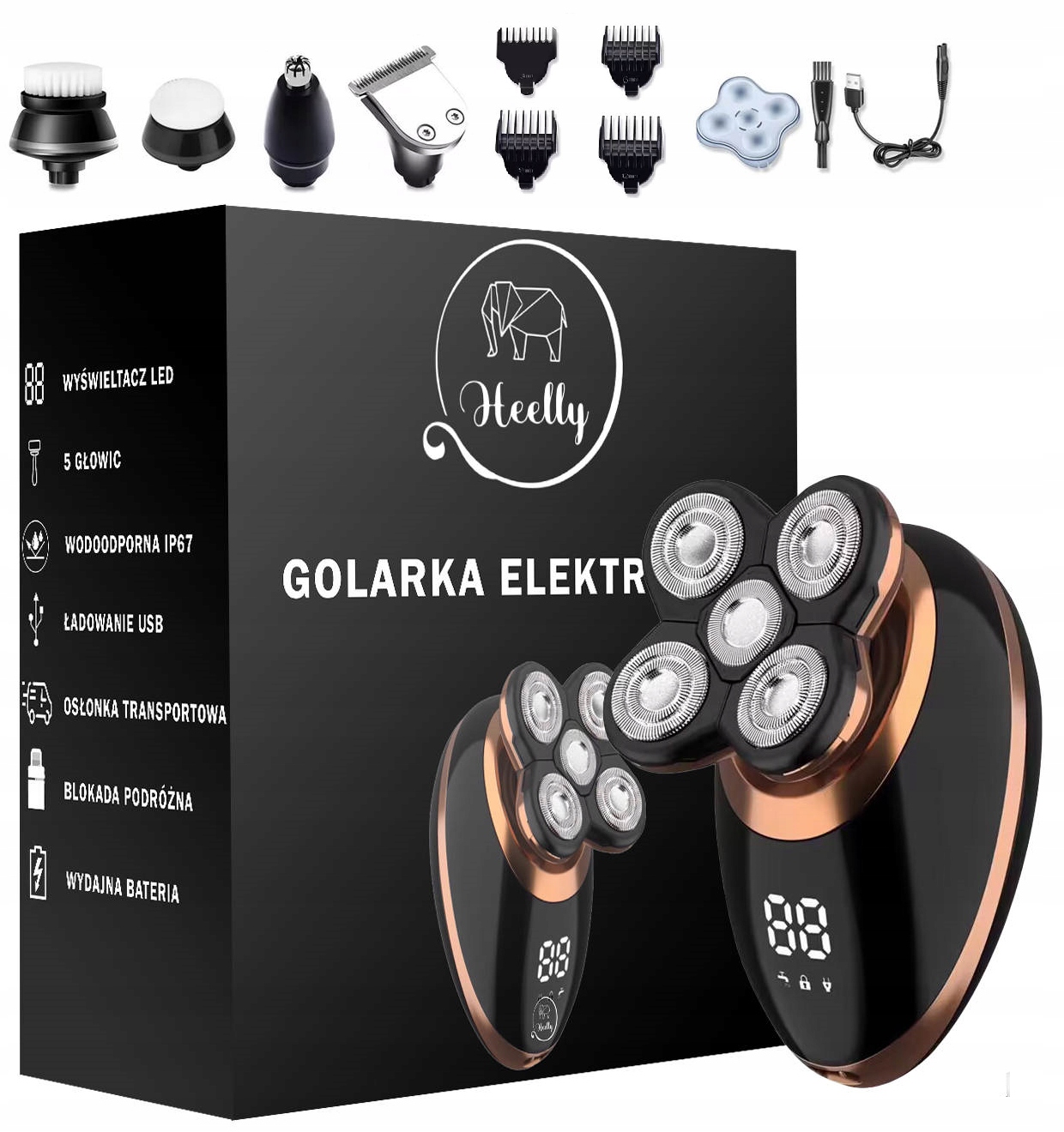 Golarka Męska Maszynka Elektryczna Do Golenia Głowy Brody Trymer 5W1 Heelly