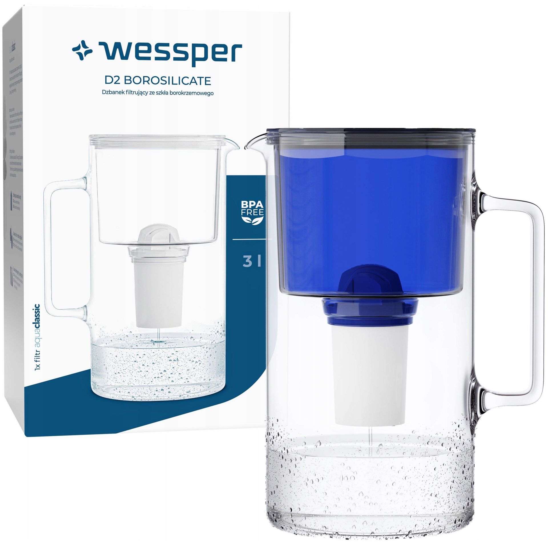 Dzbanek Szklany Wessper D2 Borosilicate 3l 1x Filtr Wessper aquaclassic