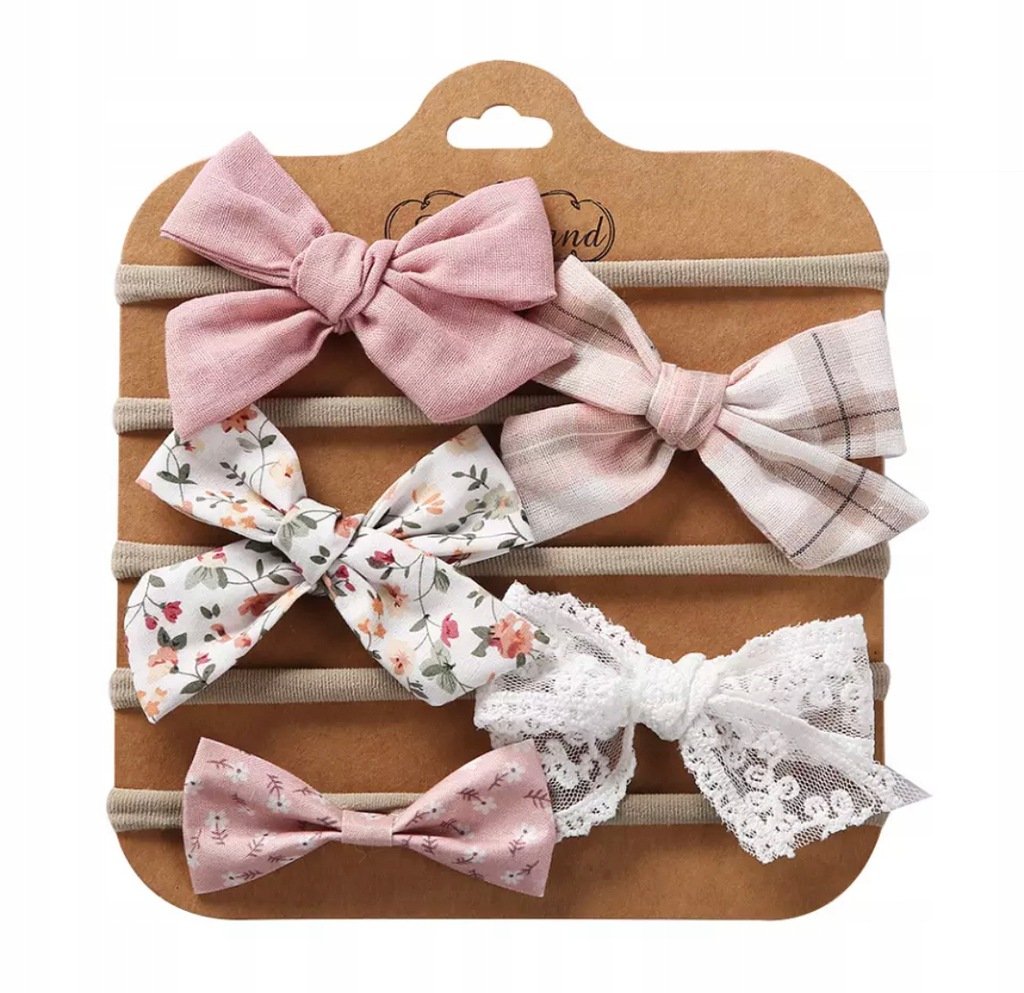 Różowa opaska dla dziewczynki kokardki 5 sztuk