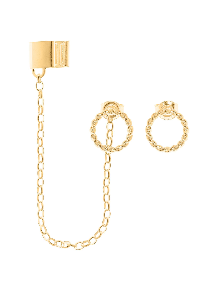 Pozłacana nausznica z łańcuszkiem i kolczykami obręczami