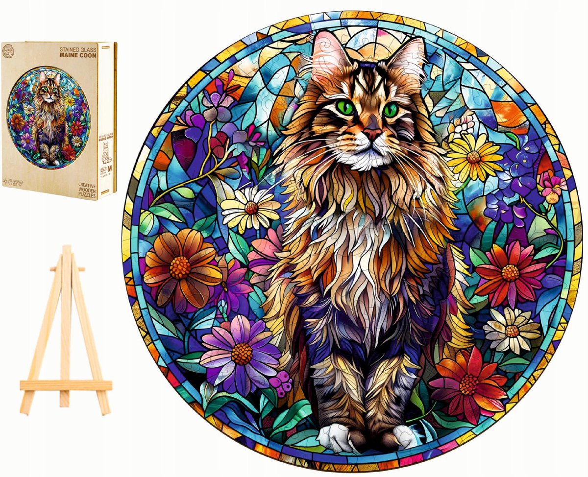 PUZZLE DREWNIANE DUŻE 300 ELEMENTÓW MAINE COON WITRAŻ W DREWNIANYM PUDEŁKU